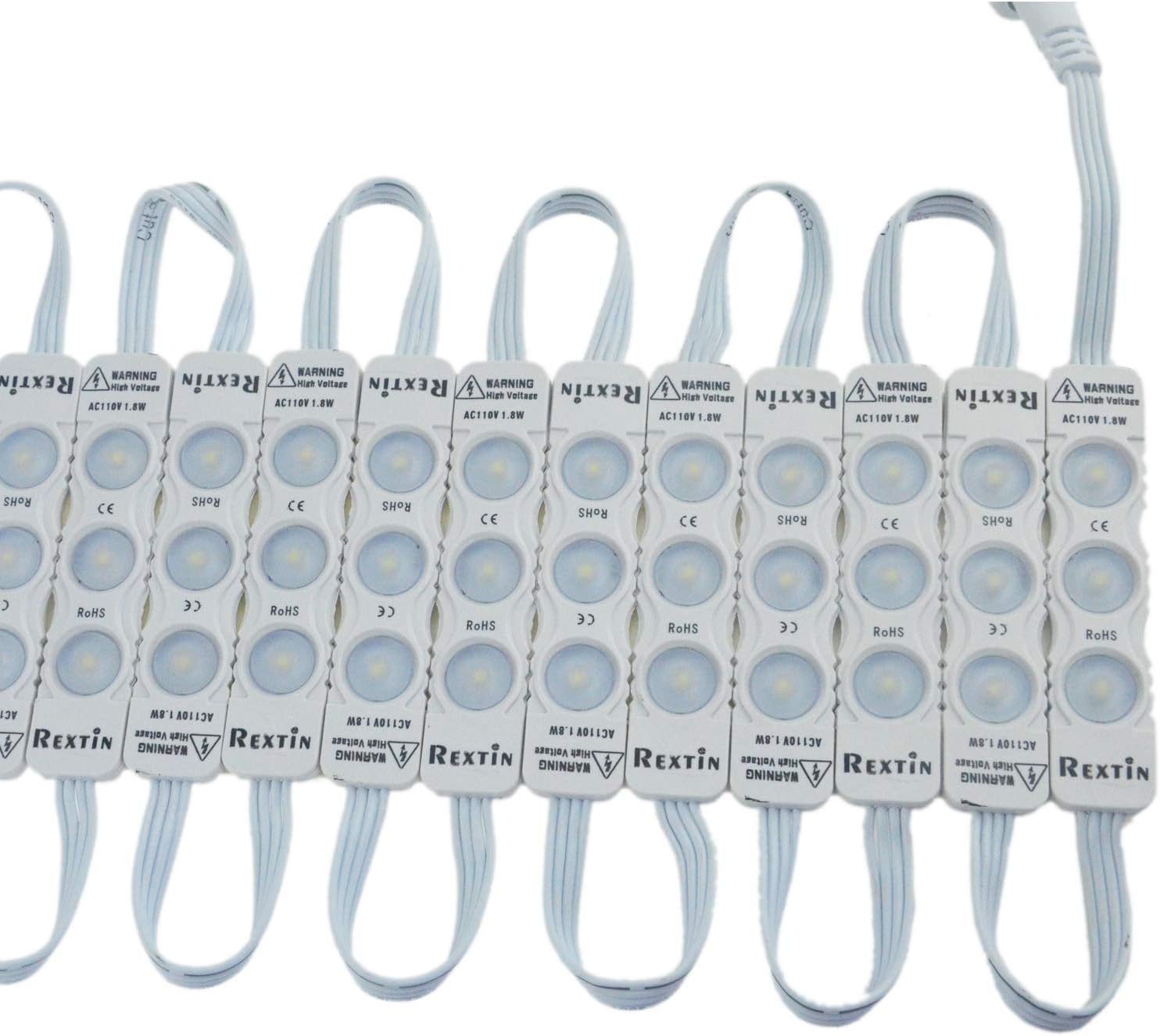 Rextin Super Bright 110V 100pcs New Model 2835 3 LED Module White120-150LM Per Module Waterproof Decorative Light for Letter Sign Advertising Signs with Tape Adhesive Backside (White) Pack of 2