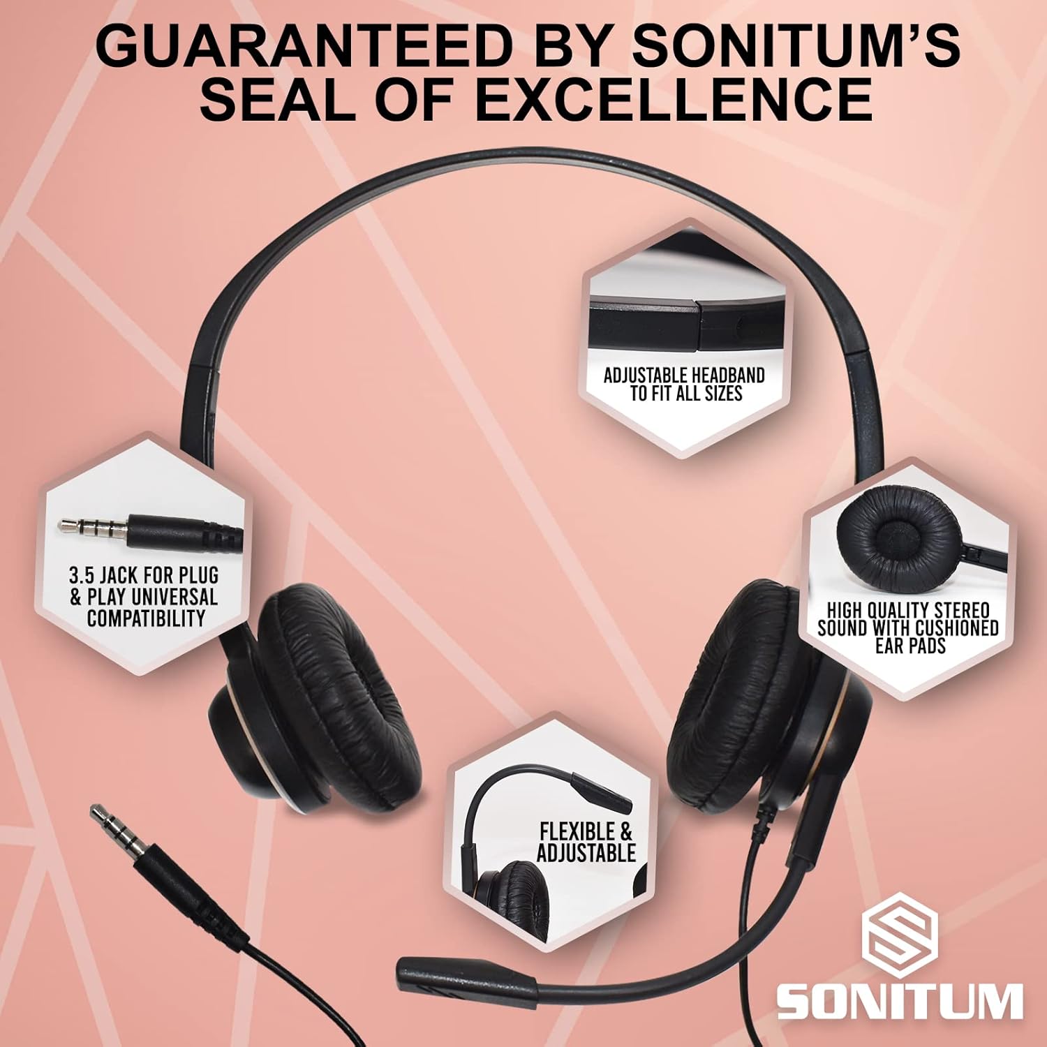 Sonitum Bulk Headsets With Microphone (10 Pack) - Noise Canceling Computer Headset For Office, Meetings, Chat- Comfortable Over-Ear PC Headphones With Rotating Mic- 3.5 Jack For Universal Connectivity