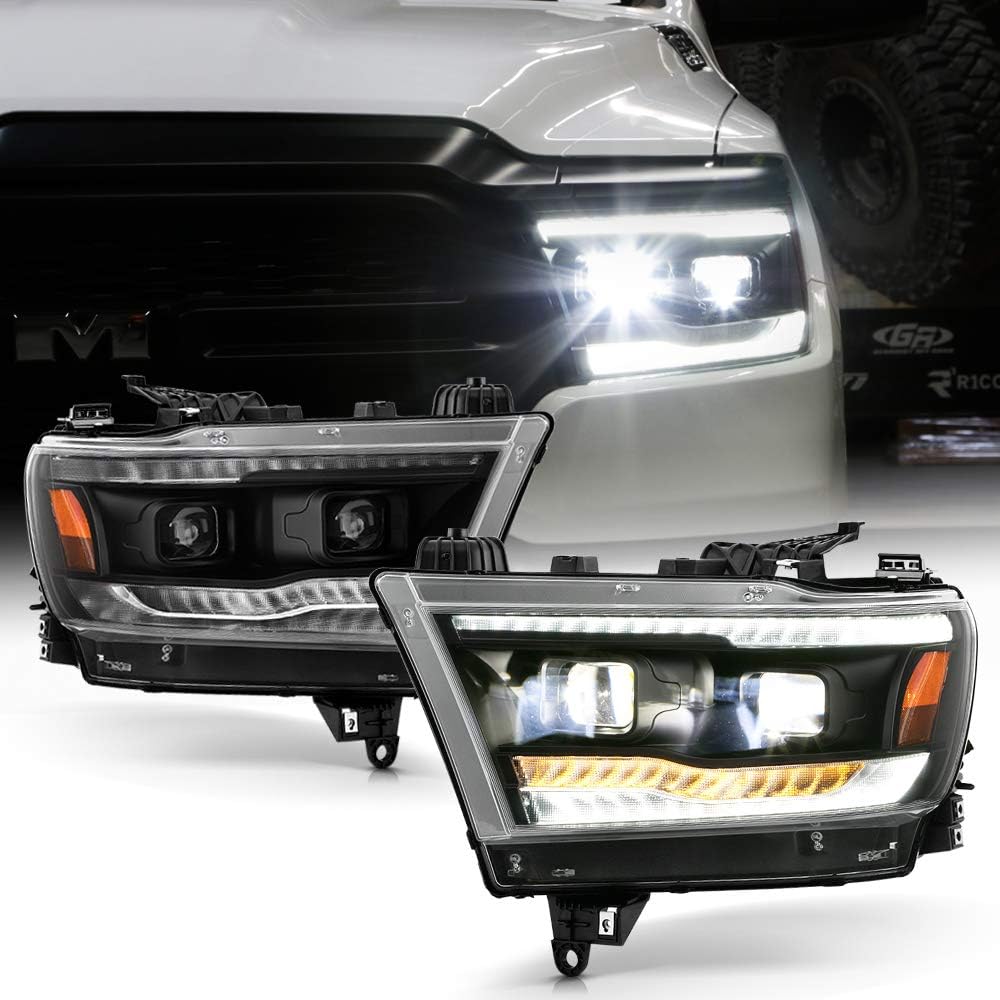 ACANII - For [Halogen Model] 2019-2021 Ram 1500 Black LED DRL Sequential Signal Built-In LED Dual Projector Headlights