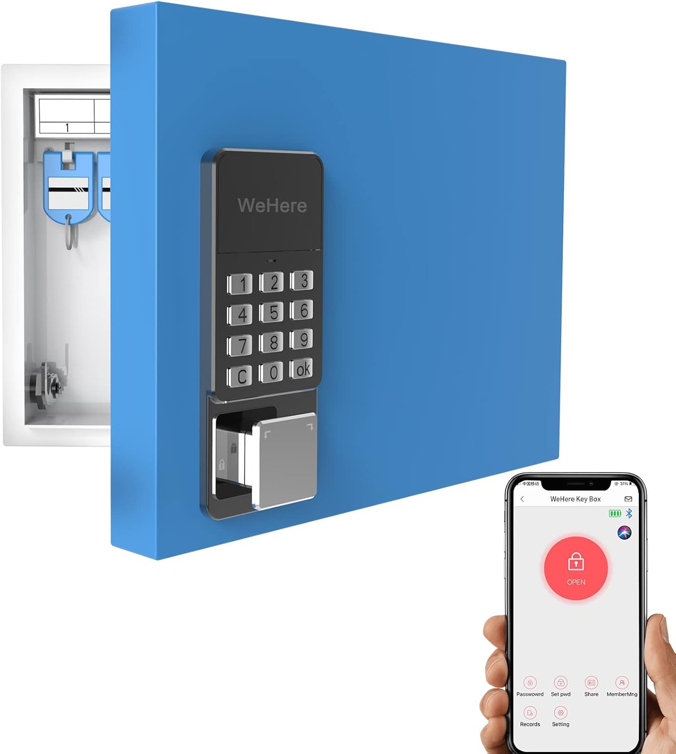 WeHere Key Lock Box(16 Keys) use OTP /Fixed Password/Bluetooth Unlock,Metal Key Cabinet Wall Mount,Digital Combination Code Lock box, Great for Car/House/Office Rental Key Manage & Safe Securty Pack of 2