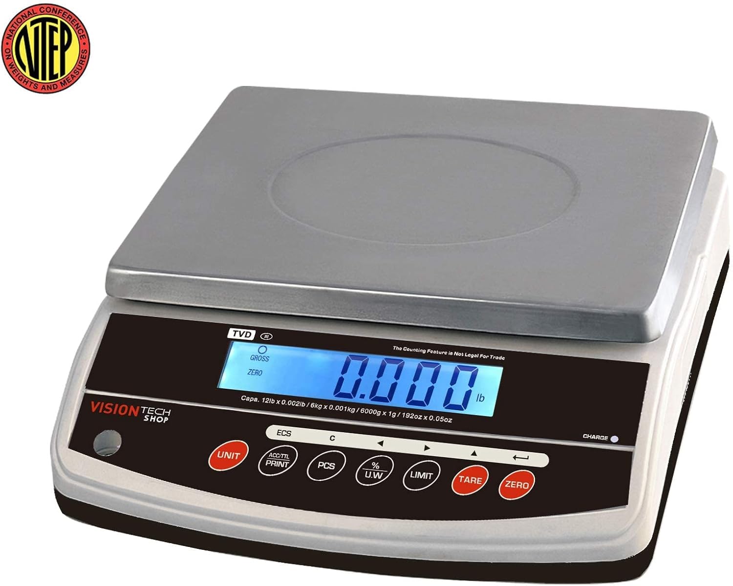 VisionTechShop TVD-12D Digital Bench and Counter Scale, Lb/Oz/Kg/g Switchable, 12lb Capacity, 0.002lb Readability, Counting and Percentage Mode, Dual Display, NTEP Legal for Trade, CC# : 20-032