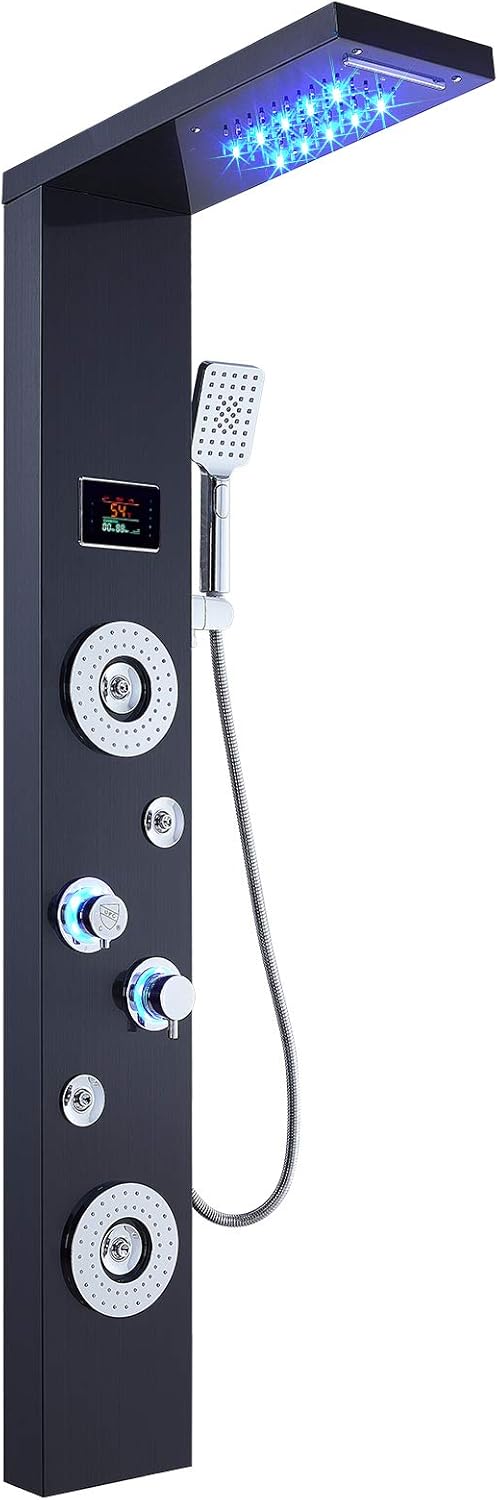 ELLO&ALLO LED Rainfall Waterfall Shower Head Rain Massage System with Body Jets Stainless Steel Bathroom Shower Panel Tower System, Brushed Nickel