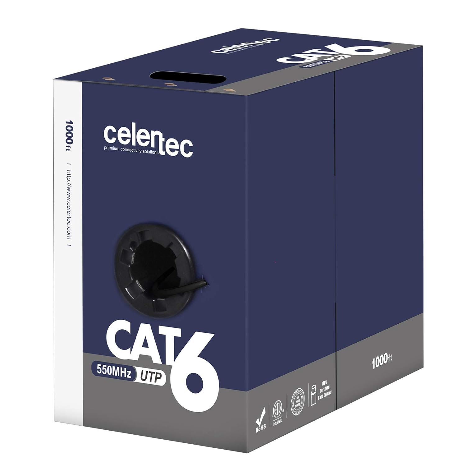 celertec CAT6 Ethernet Cable, 1000ft, 23AWG Solid Bare Copper, Unshielded Twisted Pairs(UTP), 550MHz, ETL Listed &CMR Riser Rated, Indoor, Bulk Ethernet Cable, Pull Box -Black