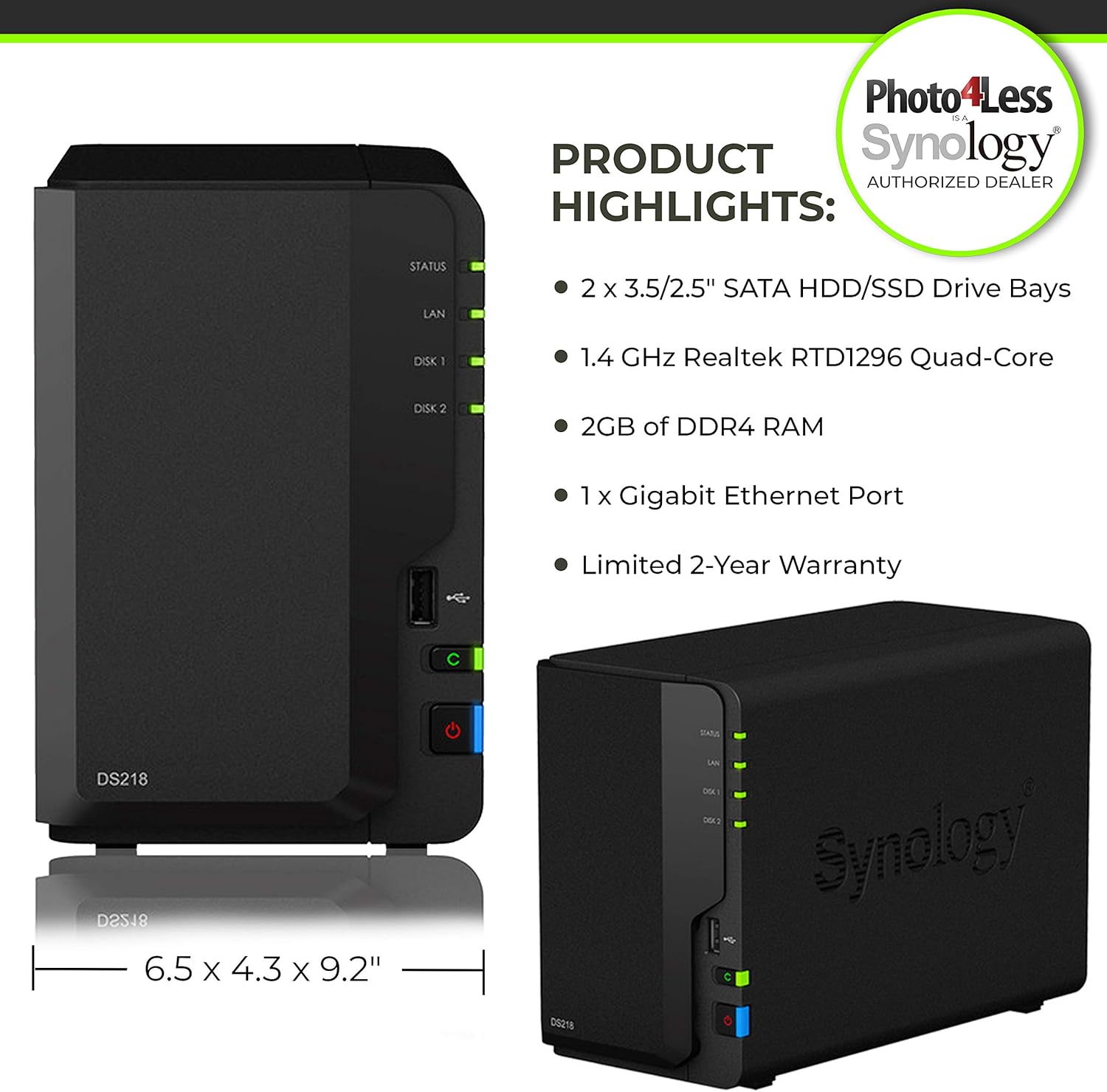 Synology 2 Bay NAS DiskStation DS218 (Diskless) + 2 WD Red Pro 4TB Hard Drives 7200 Class