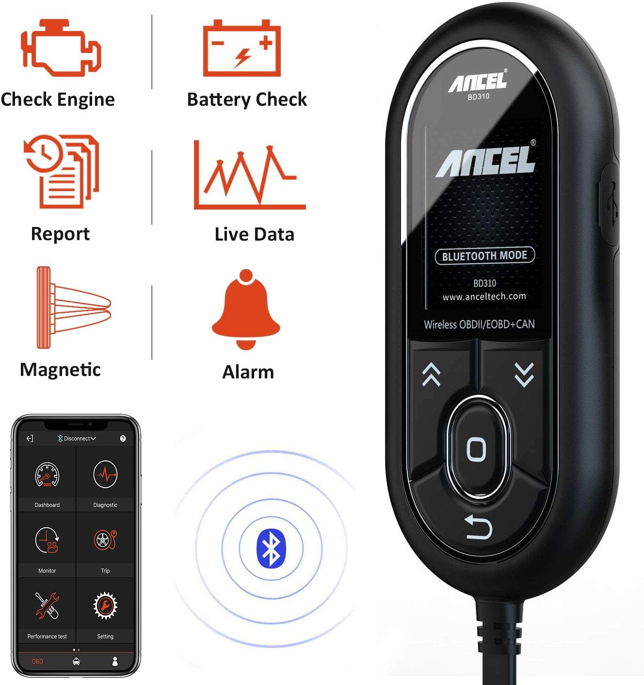 ANCEL BD310 OBD2 Scanner for Check Engine and Battery Voltage Check, 2-in-1 Wired Handheld as Well as Exclusive Bluetooth App with Real-time Monitor, Handfree Magnetic Mount Attaching to Dash Pack of 2