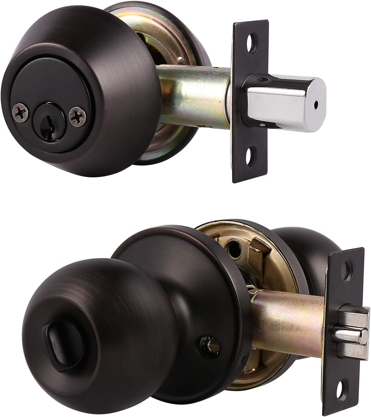 Probrico Oil Rubbed Bronze Double Cylinder Handleset Combo Pack, Keyed Alike Door Knobs 4 Pack, Exterior Lockset Ouside Hardware, Security Lock