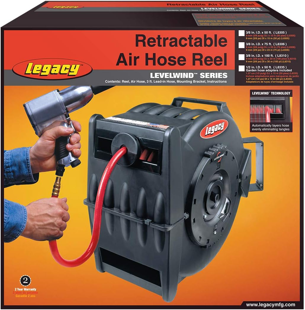 Legacy Levelwind Retractable Air Hose Reel, 3/8 in. x 100 ft, PVC - L8310
