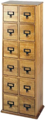 Leslie Dame Solid Oak Library Card File Media Cabinet, 12 Drawers, Cherry