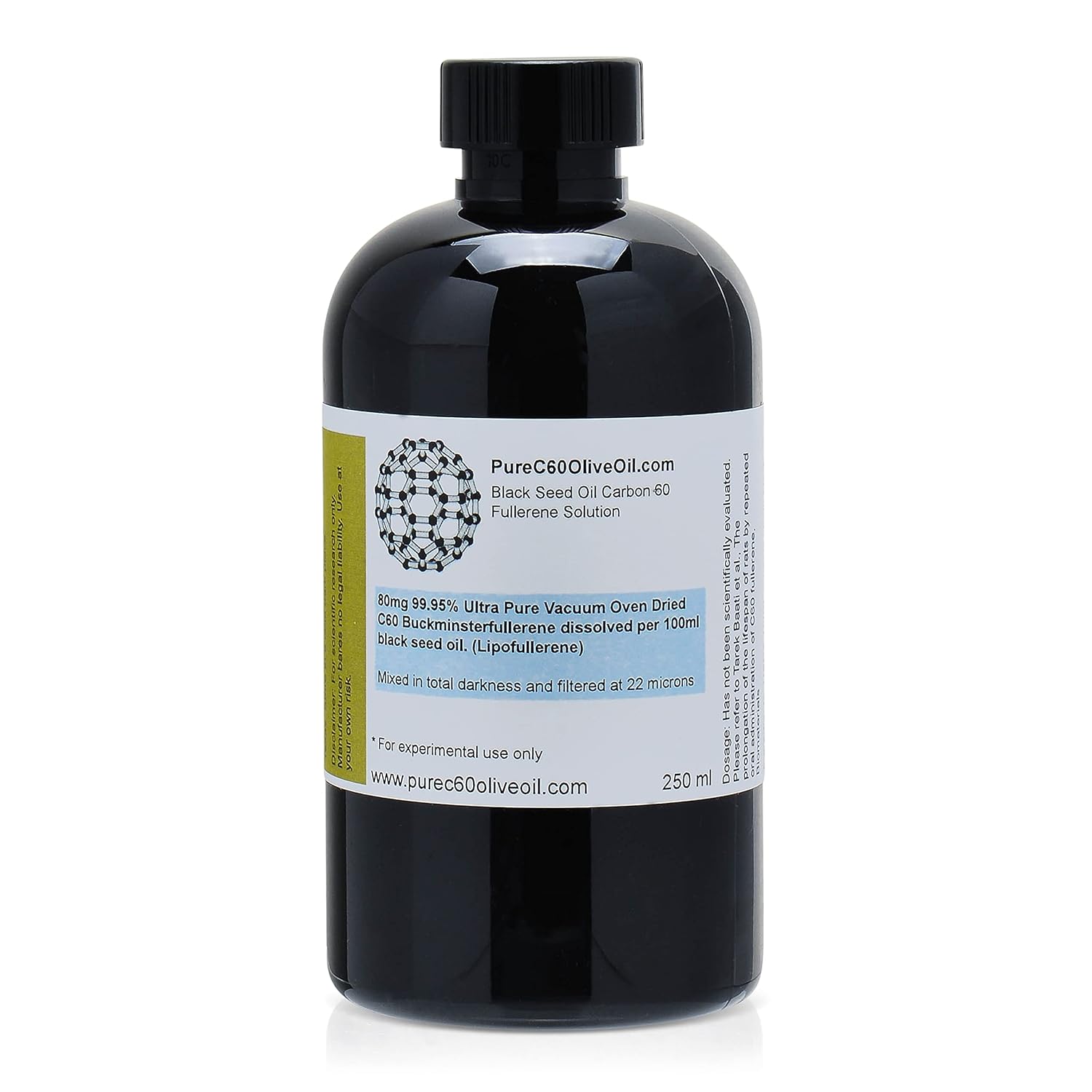 PureC60OliveOil C60 Black Seed Oil 250ml / 8.5 Fl Oz - 99.95% Carbon 60 Solvent Free 80mg - Amber Glass Bottle - Third Party Tested - Carbon 60 Black Seed Oil - from The Leading Global Producer