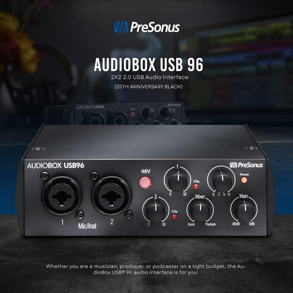 PS PreSonus AudioBox USB 96 2.x USB Audio Interface (25th Anniversary Black) w/Studio One Artist & Studio Magic Recording w/Two Condenser Microphones, Headphones, & More in Accessories Bundle