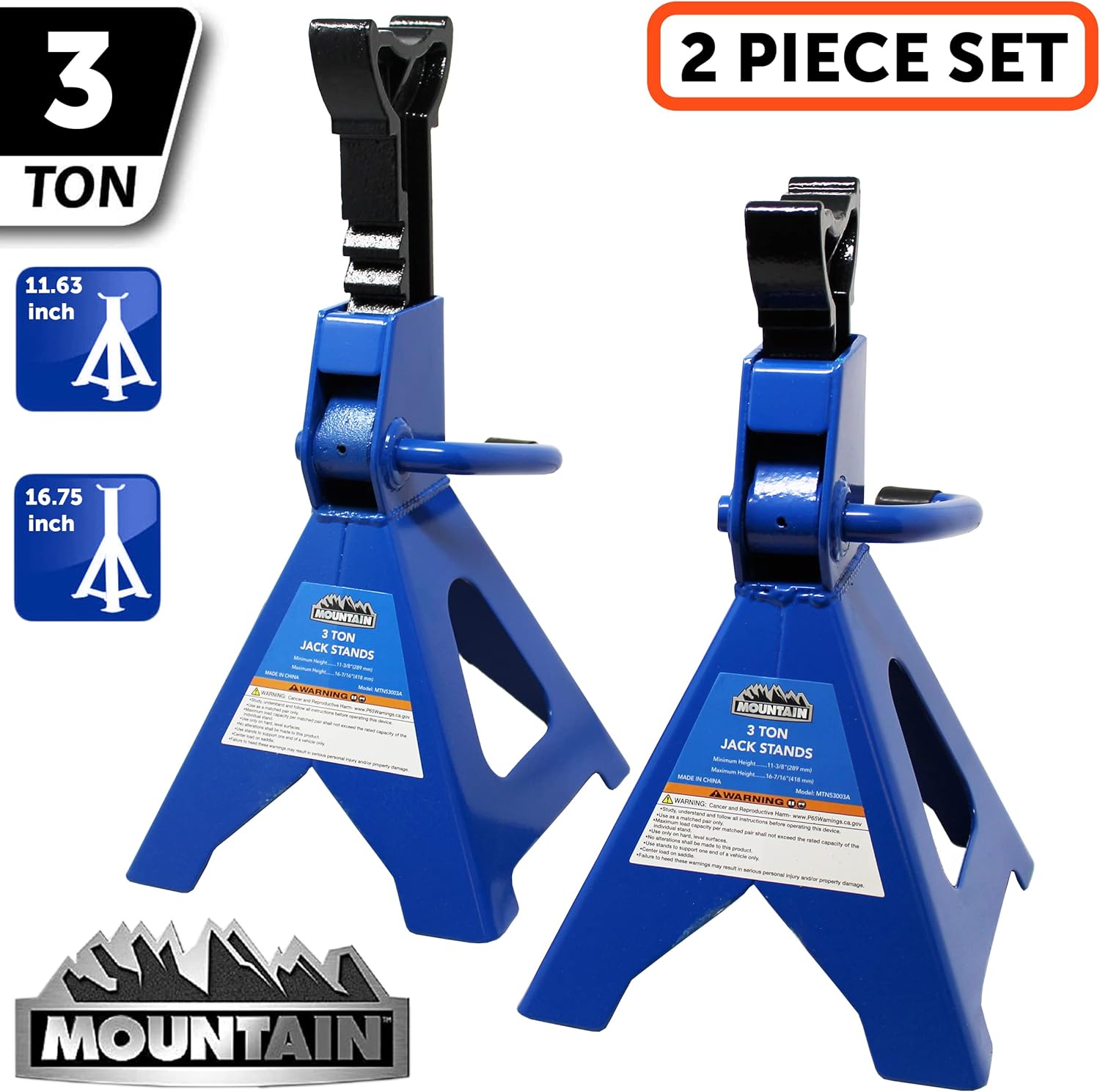 Mountain 3 Ton Jack Stands (Pair); Heavy Duty Steel Construction, Wide Base Safety Design; MTN53003A Pack of 2