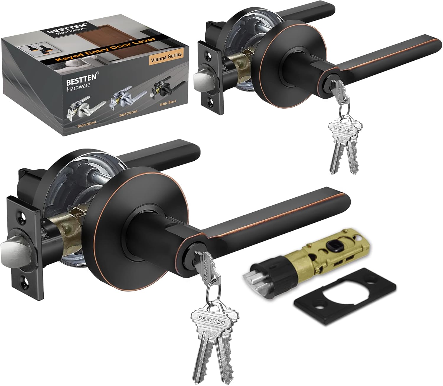 [2 Pack] BESTTEN Heavy Duty Oil Rubbed Bronze Keyed Alike Entry Door Lever Set with Lock, All Metal Door Handle with Removable Latch Plate, Exterior Interior Entry Locks and Same Keys, Vienna Series Pack of 2