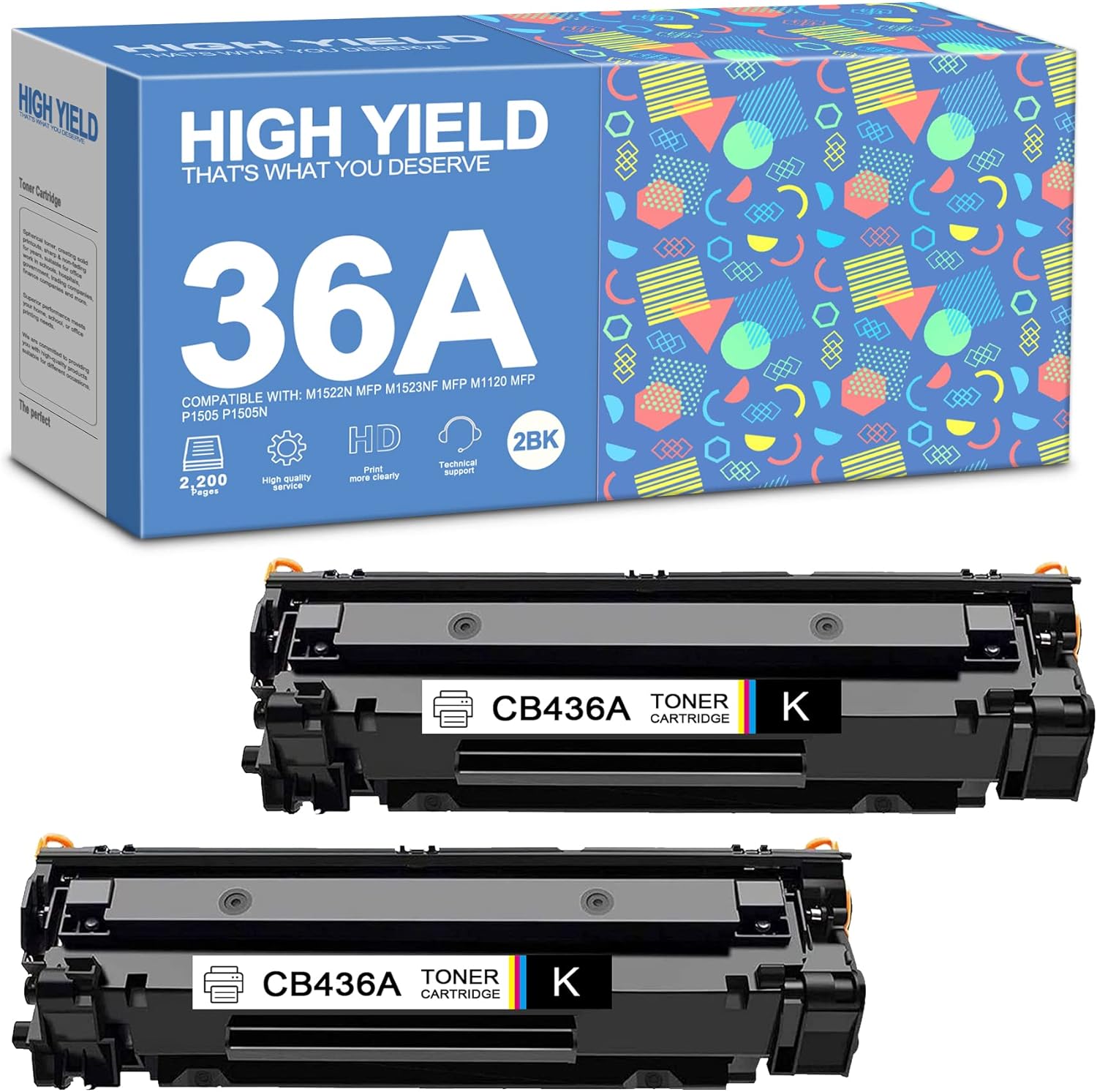 36A | CB436A Compatible (2 Pack, Black) Toner Cartridge Replacement for HP M1522n MFP M1523nf MFP M1120 MFP P1505 P1505n Printers, Sold by Smart