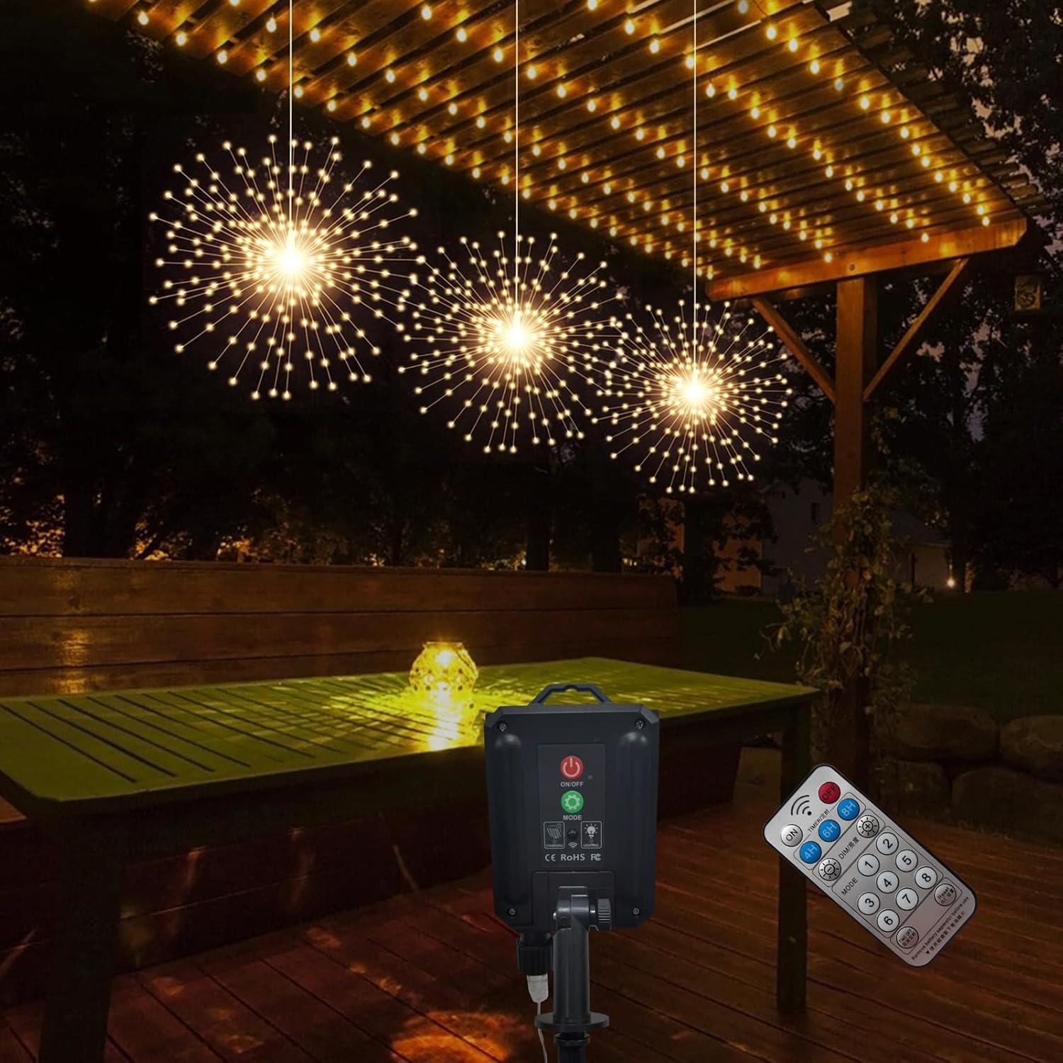 PXBNIUYA 600 LED Solar Firework Lights Remote Control,3 Pack LED Starburst Sphere Lights 8 Modes Dimmable Waterproof Hanging Fairy Light, Copper Wire Lights for Patio Ceiling Christmas (Warm White) Pack of 2