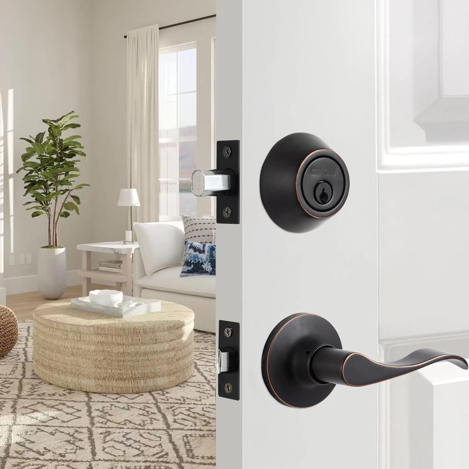 NeuType 3 Pack Satin Nickel Front Door Handle with Lock and Key, Entry Door Lockset, Wave-Like Lever, Compatible with Right & Left Handed Doors, Keyed Entry Lock for Home, Office or Hotels Pack of 2