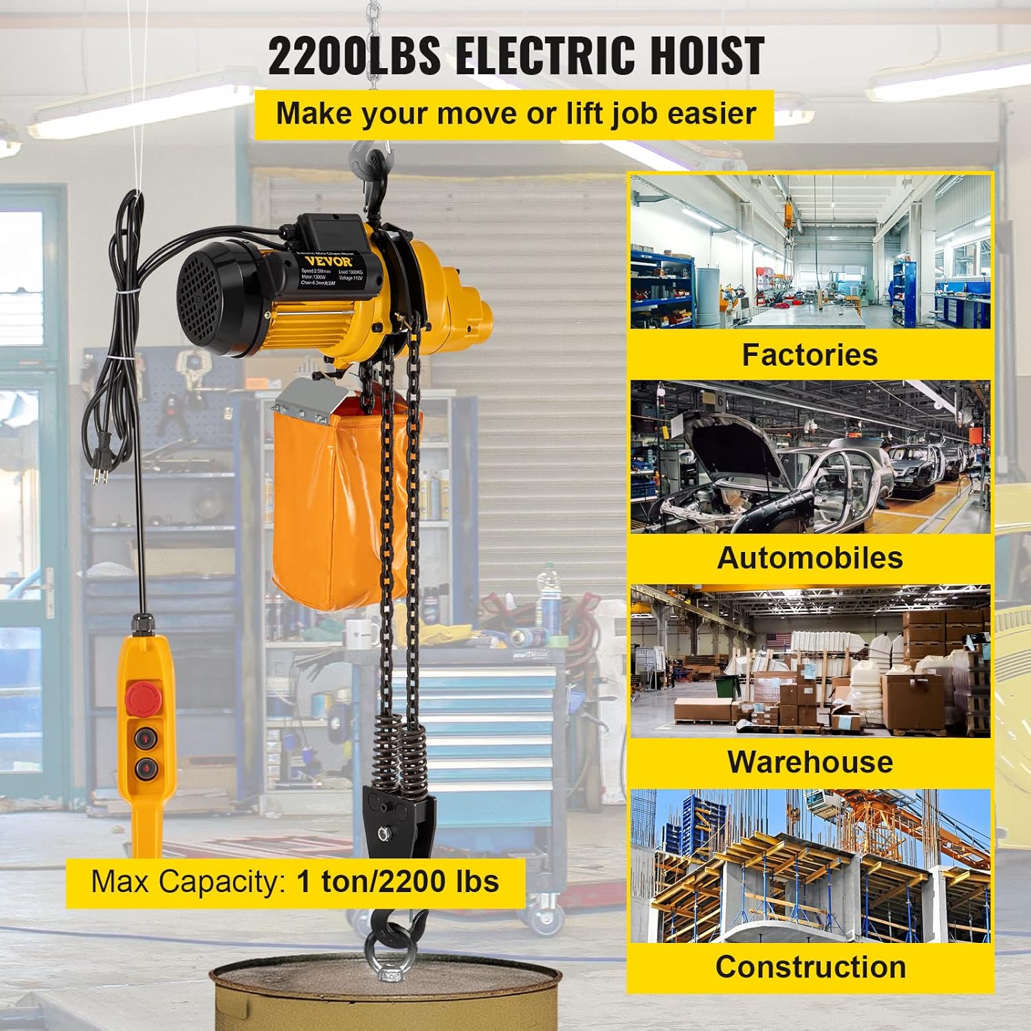 VEVOR Electric Chain Hoist, 2200lbs Winch with 3 m Wired Remote Control, 110V Overhead Crane Garage Ceiling Pulley, 1300W Lifting Power System w/Emergency Stop Switch, 10 Feet Max. Pulling Height