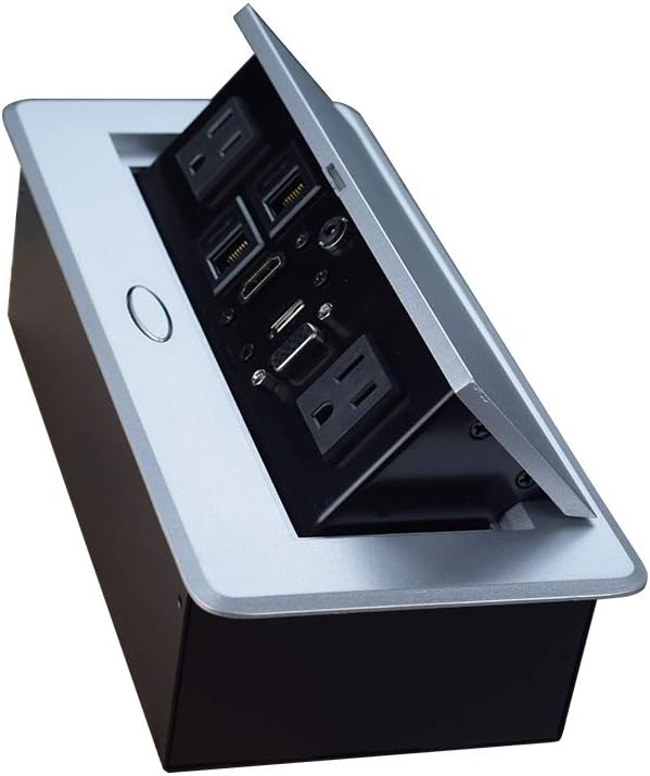 Table Pop up Power Strip Date Hub Connection Box with Outlet Network HDMI for Office Desk（Silver） Pack of 2