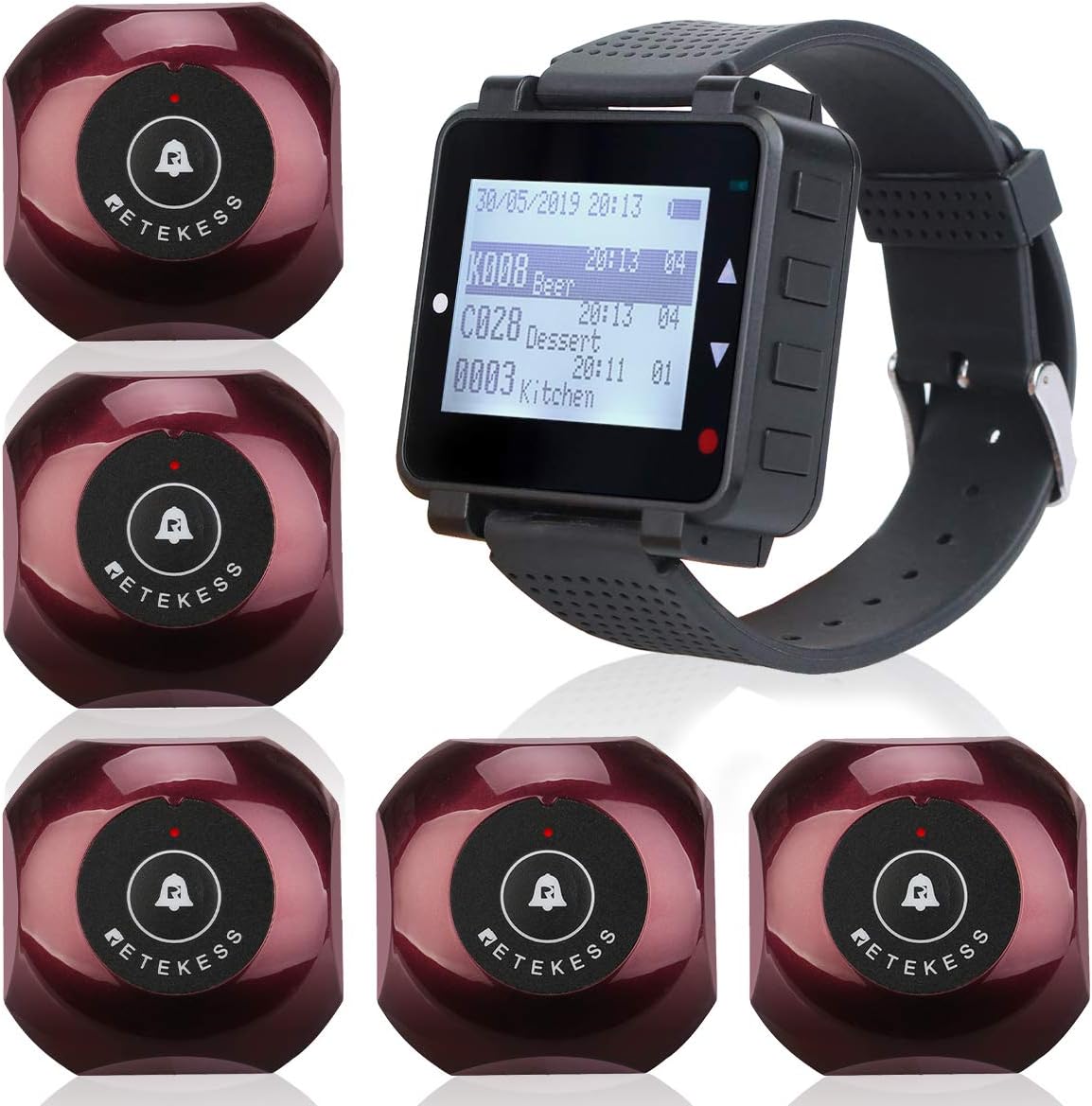 Retekess T128 Caregiver Pager,Wrist Call Button,Nurse Waiter Alert Help System,Show Call Time,5 1-Key Call Buttons for Restaurant,Nursing Home,Clinic Pack of 2