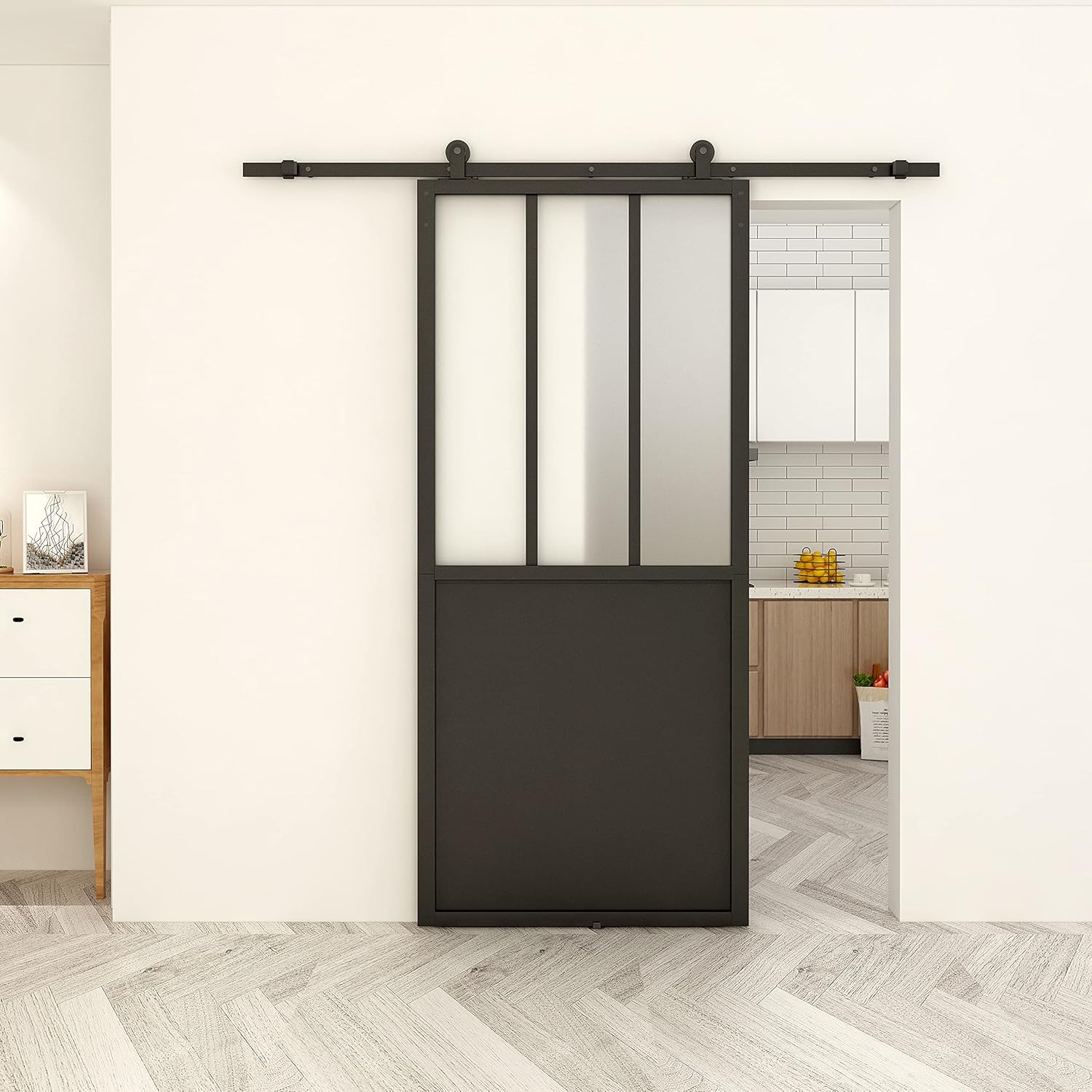BARNSMITH 30in x 84in Frosted Glass Barn Door Heavy Duty DIY Modern Aluminum Frame Tempered Frosted Glass Barn Sliding Door Slab Assemble Required (Sliding Hardware not Included)