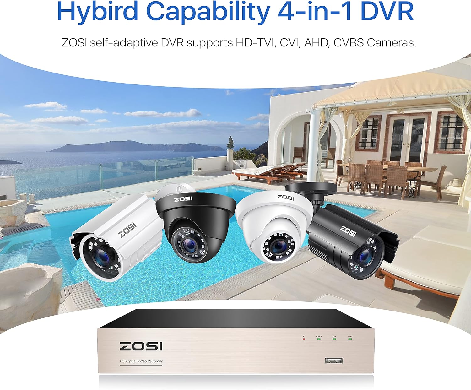 ZOSI H.265+ 8CH 5MP Lite 4-in-1 Surveillance DVR Recorders with Hard Drive 2TB for HD-TVI, CVI, CVBS, AHD 960H/720P/1080P/5MP CCTV Security Cameras System, Motion Detection, Remote Viewing,Alert Push