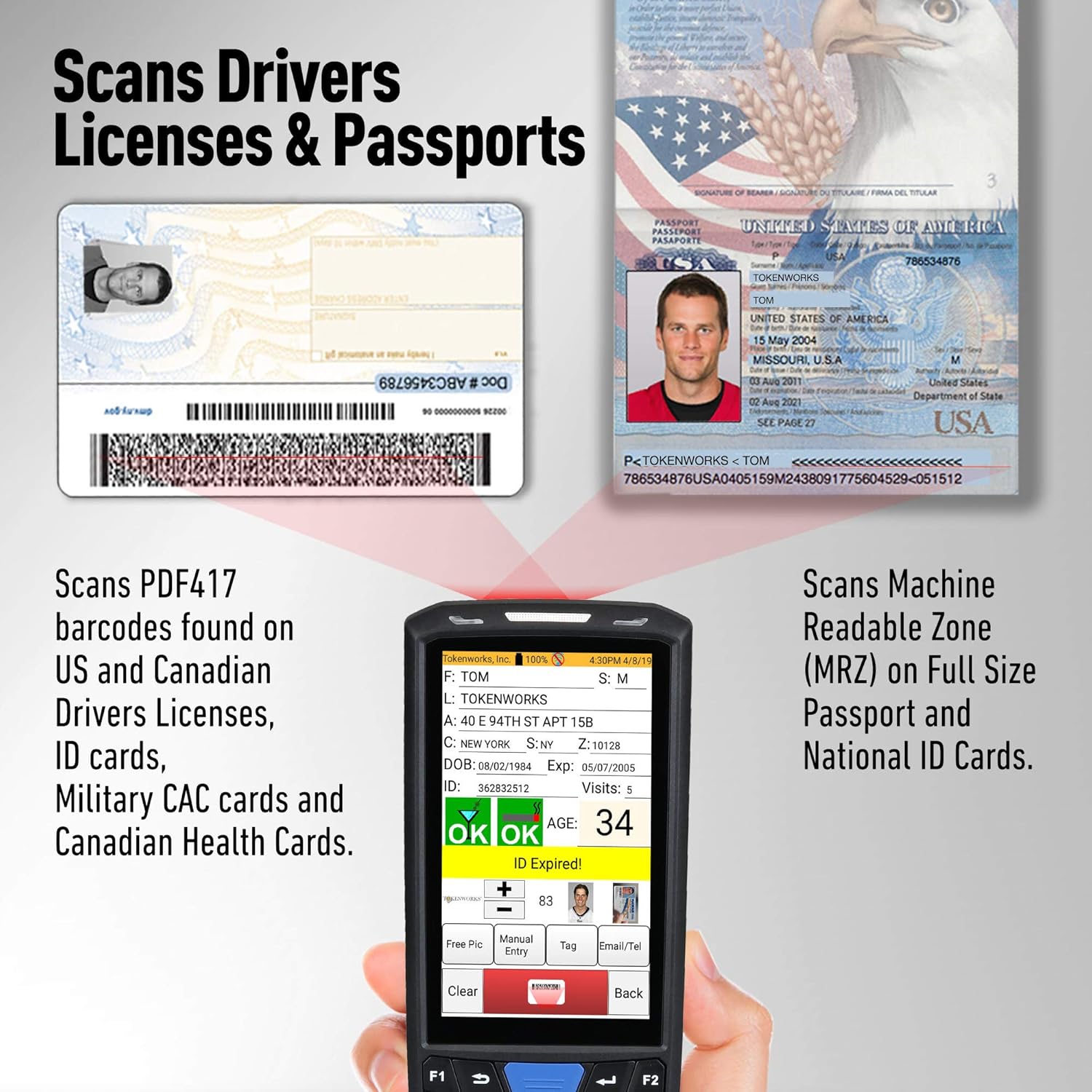 IDVisor Smart V2 ID Scanner - Drivers License and Passport Age Verification & Customer Management + Charger Cradle, Hand Strap & More.