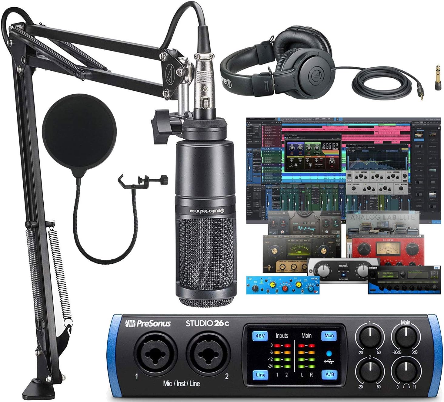 PreSonus Studio 26c 2x4 USB Type-C Audio/MIDI Interface with Studio One 5 Artist DAW Software with Audio-Technica AT2020 Vocal Microphone Arm Kit for Studio Recording/Streaming/Podcasting