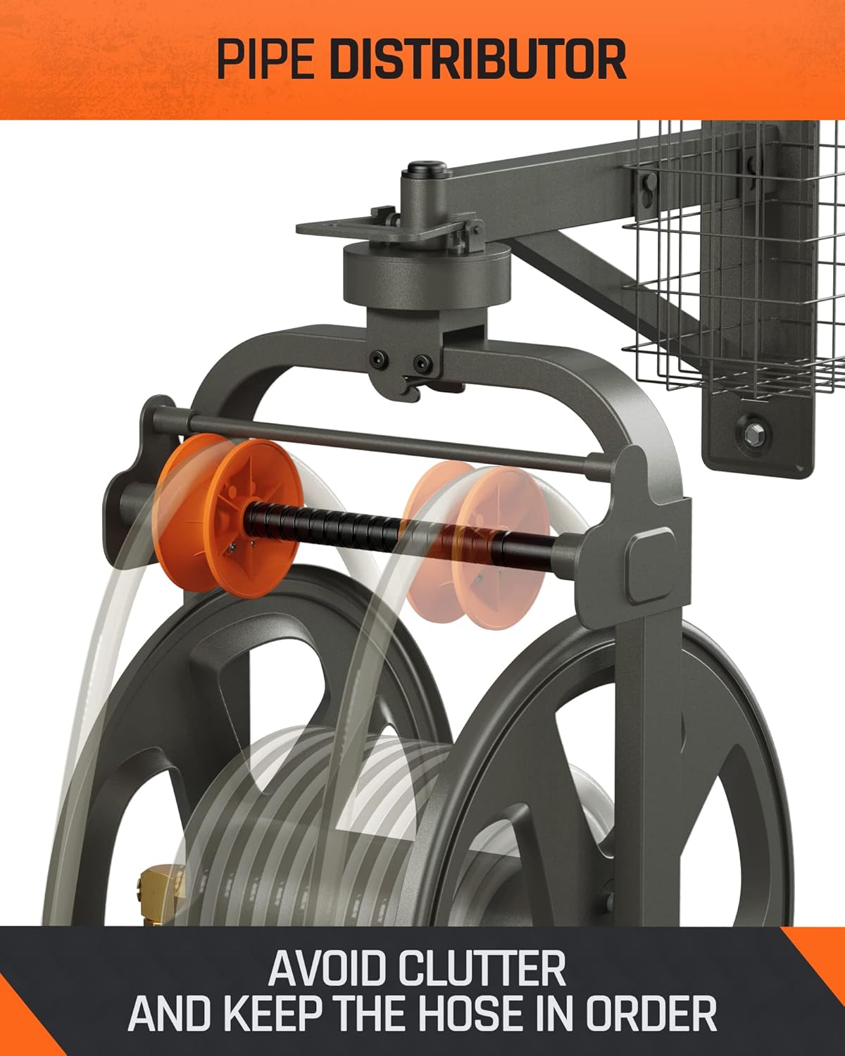 Garden Hose Reel, FIILPOW Hose Reel with Pipe Distributor, Holds 150 FT of 5/8-Inch Hose, Lock Mechanism Design, 360°Rotation & Leakproof Metal Heavy-Duty Wall Mounted Hose Reel with Detachable Basket