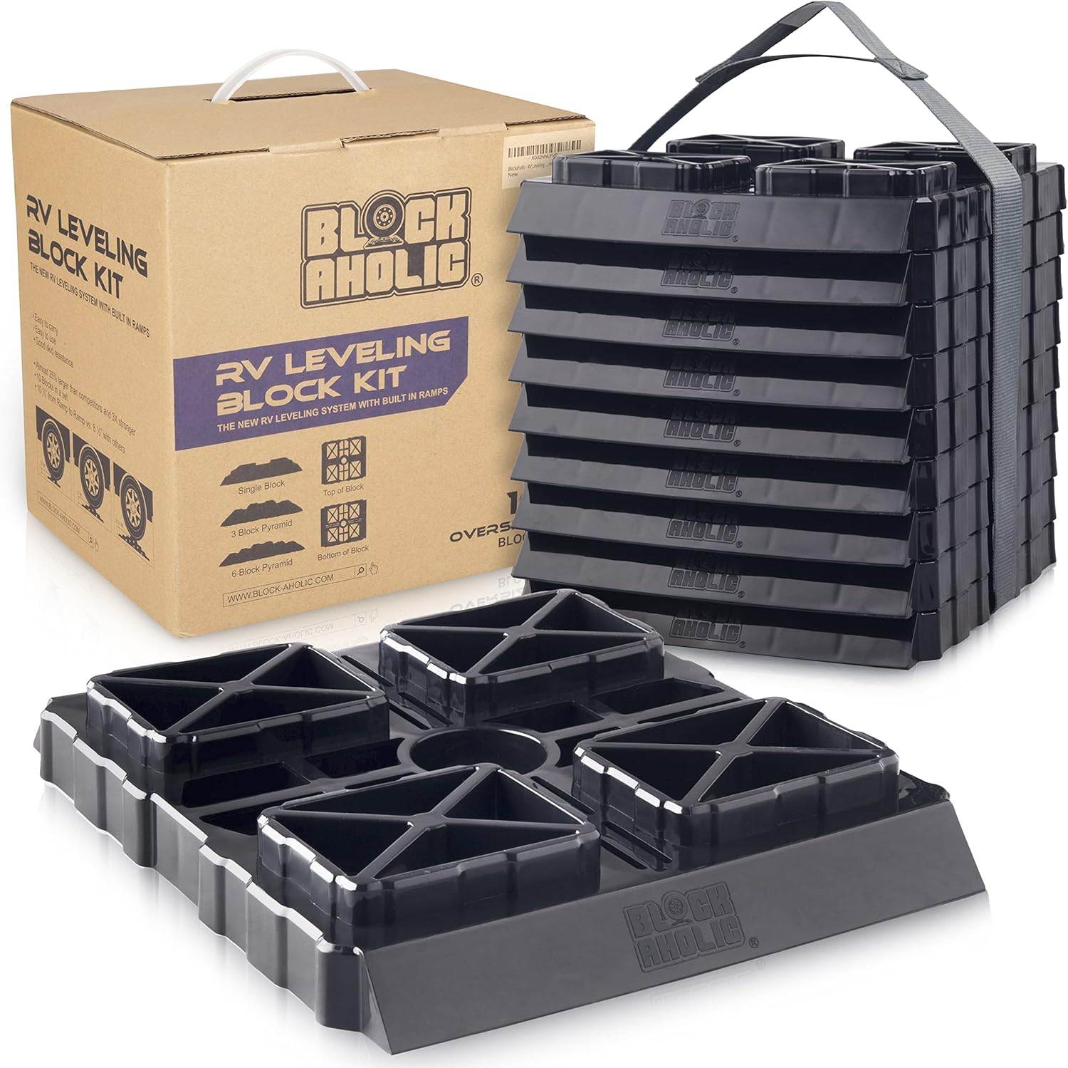 Blockaholic RV Leveling Blocks - 10 Pack of Leveling Blocks with Built-in Ramps and Carrying Strap - Lift Your RV up to 4 Inches with Fast Snap Blocks - Trailer Leveling Made Easy Pack of 2