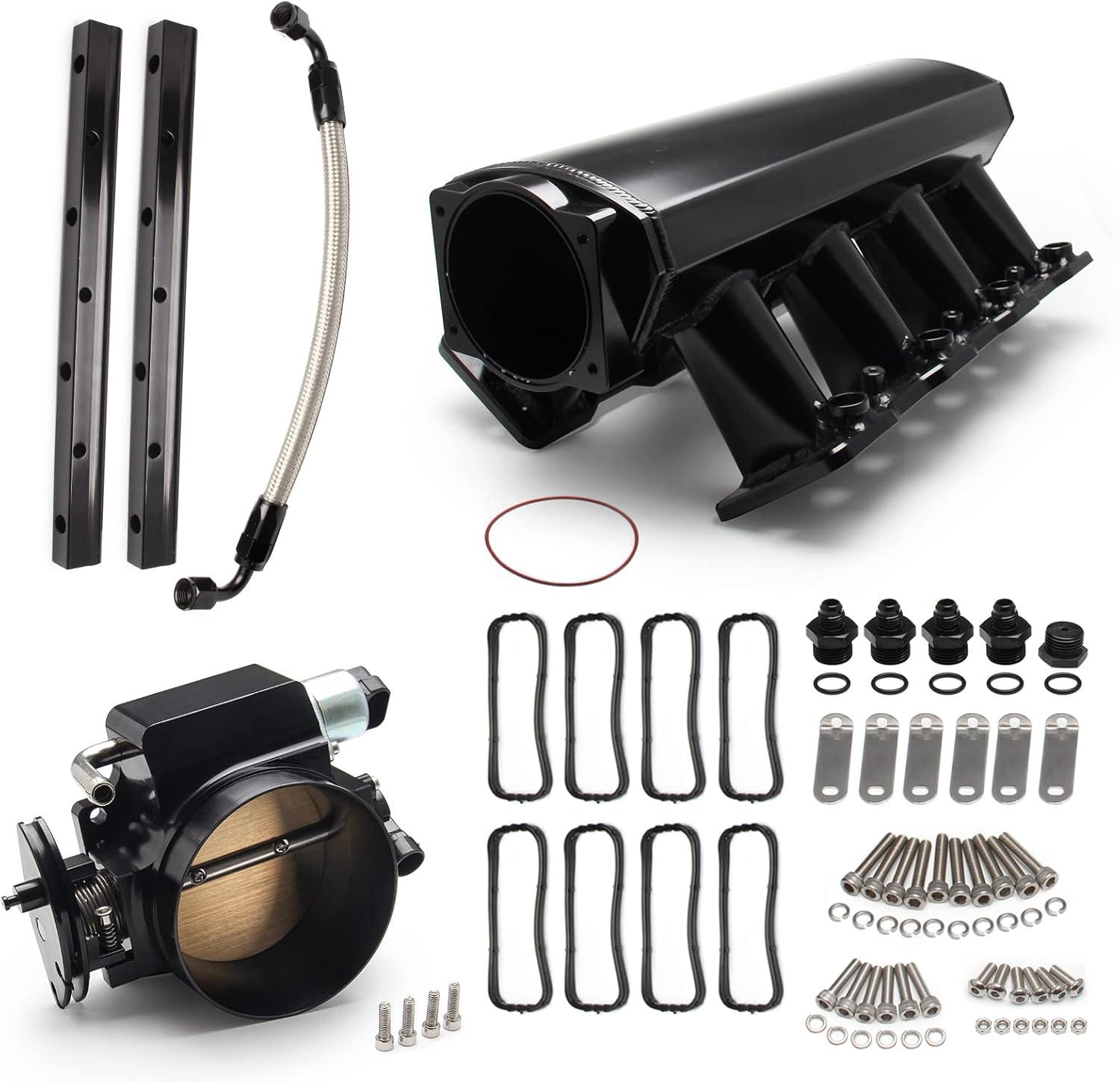 TEMSONE 102MM Intake Manifold Sheet Metal Fabricated EFI with Fuel Rails and Throttle Body & Throttle Position Sensors TPS IAC Compatible with Chevrolet GMC Pontiac LS LS1 LS2 LS6 Black