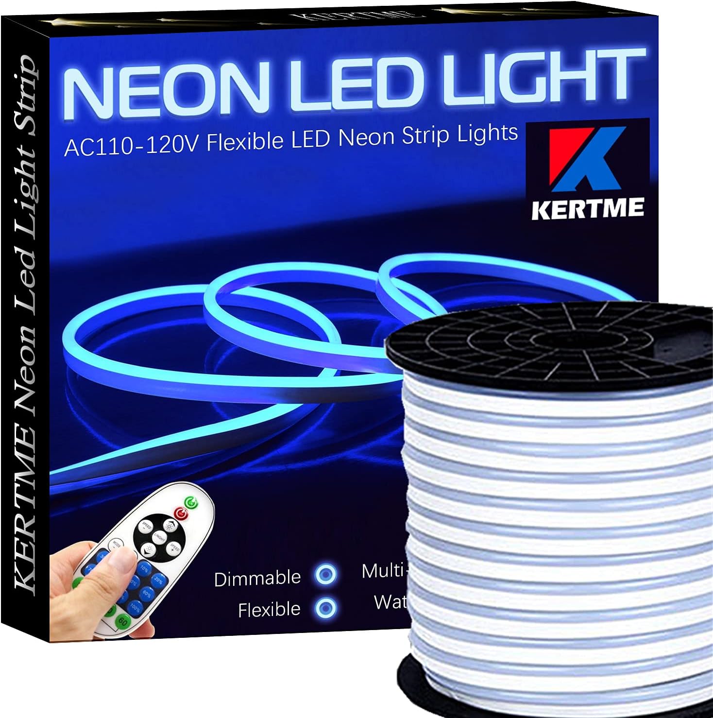 KERTME Neon Led Type AC 110-120V LED NEON Light Strip, Flexible/Waterproof/Dimmable/Multi-Colors/Multi-Modes LED Rope Light + 24 Keys Remote for Home/Garden/Building Decoration (65.6ft/20m, RGB)