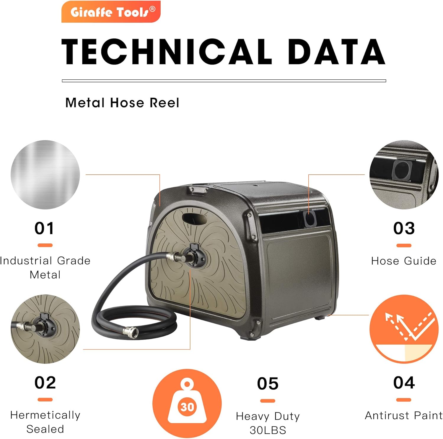 Giraffe Metal Hose Reel Box, Heavy Duty Garden Hose Storage Reel Hideaway with Crank Handle, 150ft 5/8