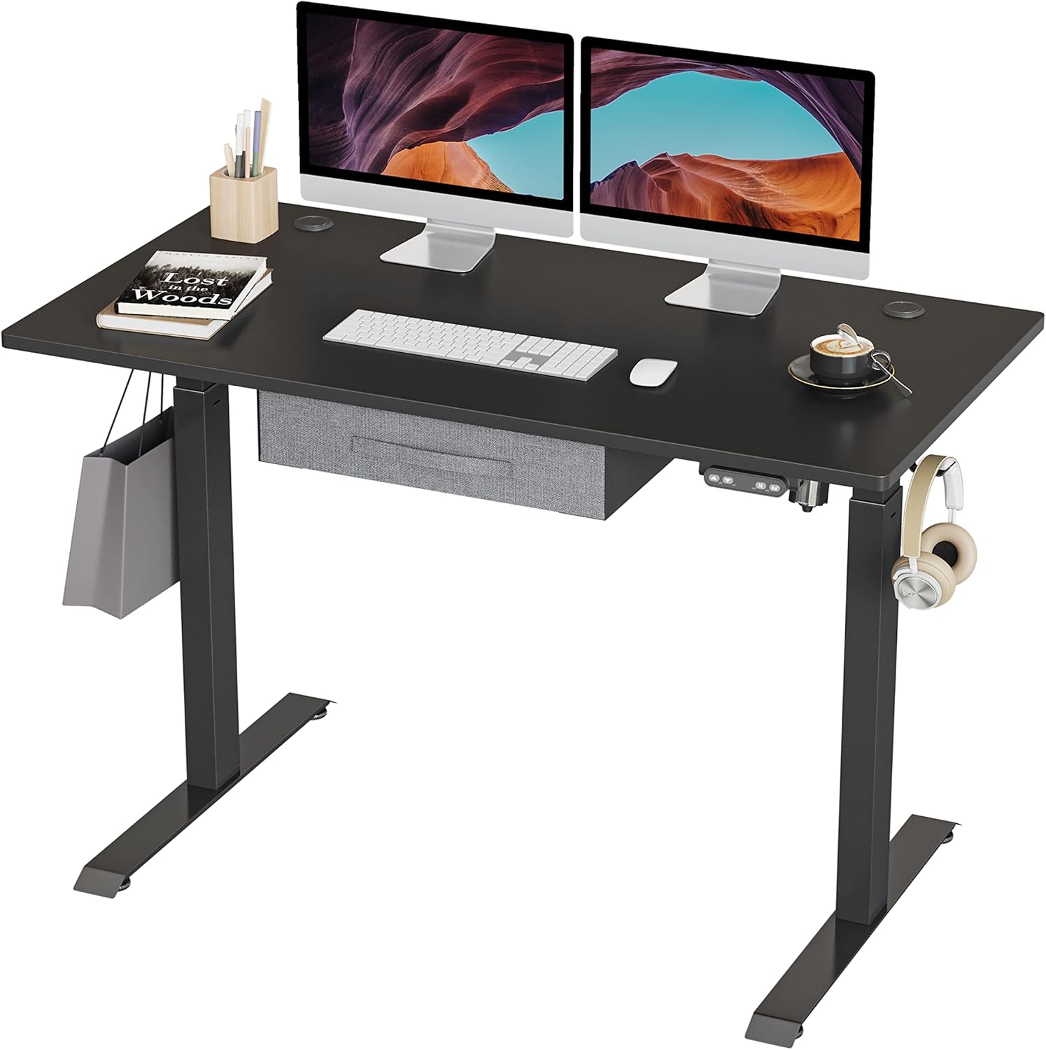BANTI Adjustable Height Standing Desk with Drawers, 48x24 Inches Electric Stand Up Desk, Sit Stand Home Office Desk with Black Frame/Black Top