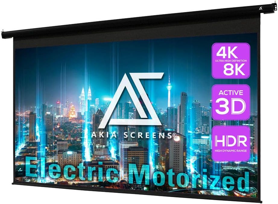 Akia Screens 150 inch Motorized Electric Remote Controlled Drop Down Projector Screen 16:9 8K 4K HD 3D Retractable Ceiling Wall Mount Black Projection Screen Office Home Theater Movie AK-MOTORIZE150H