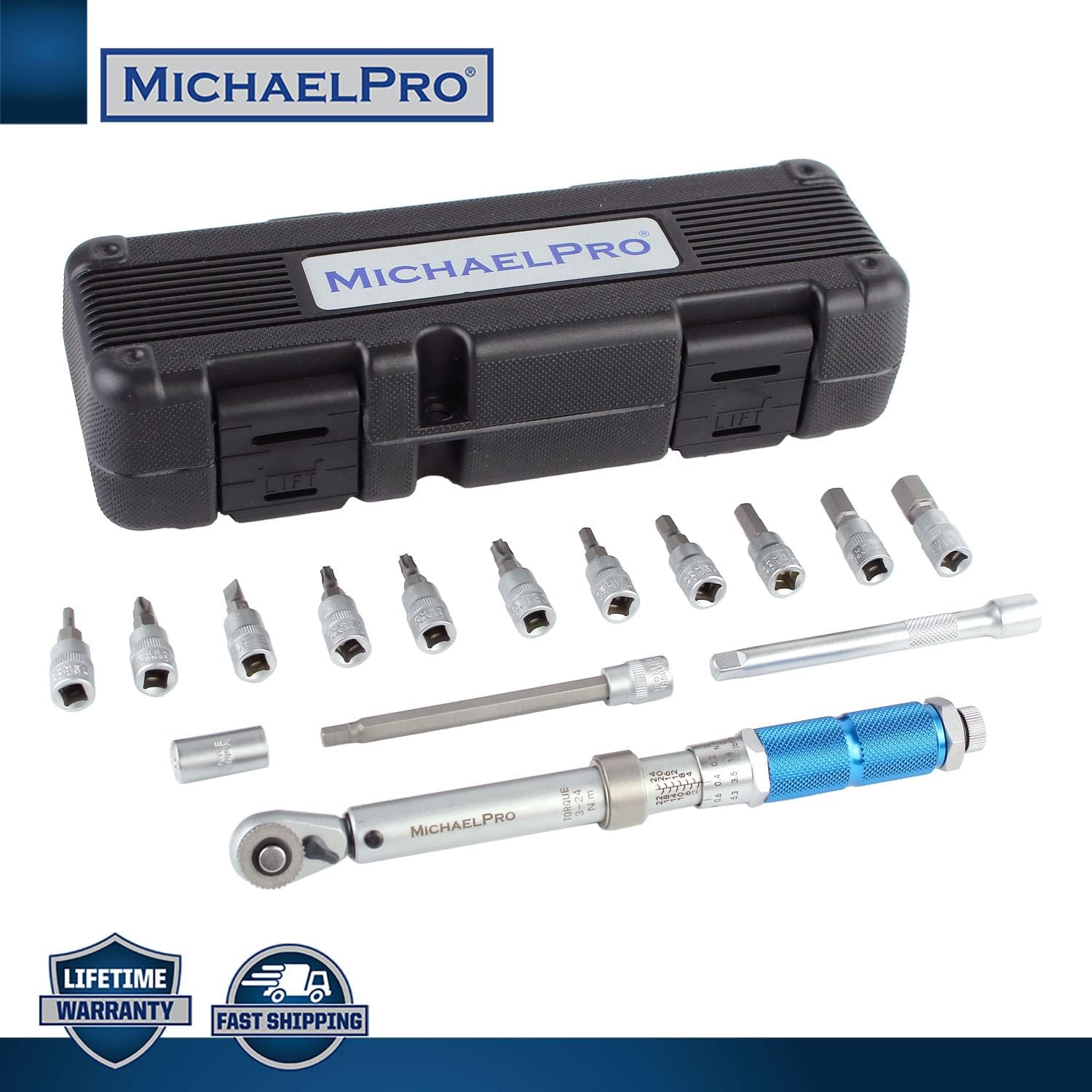 MichaelPro MP001199 1/4-inch Drive Click Torque Wrench Set, 3 – 24 N-m, All-in-1 Bicycle Maintenance Kit, with Bits and Extension Bars Pack of 2