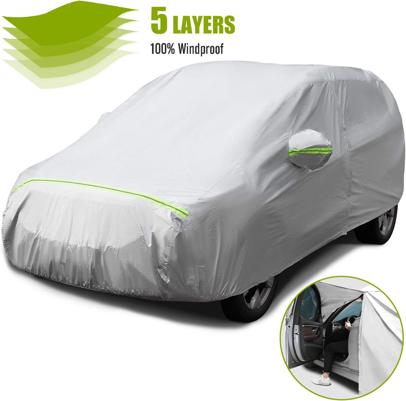 Favoto Car Cover SUV Cover Universal Fit 169 inch to 181 inch 5 Layer Driver Side Zipper Design Sun Protection with Night Reflective Waterproof Windproof Dustproof Snow Leaves Scratch Resistant Pack of 2