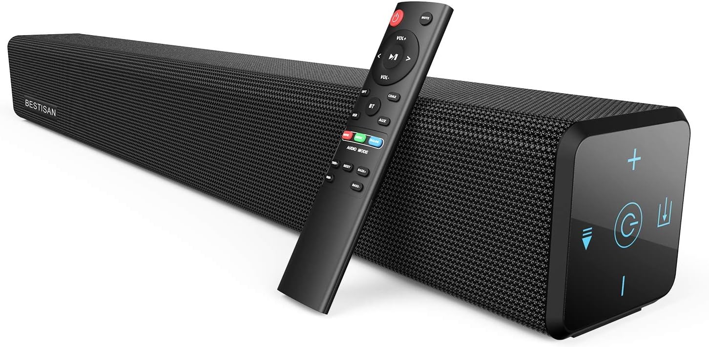 BYL100Watt 32 Inch Soundbar, Bestisan 2.1 Channel Bluetooth 5.0 Sound Bar with Built-in Dual Subwoofer TV Speakers (2020 New Version, 60 Days Home Trial)