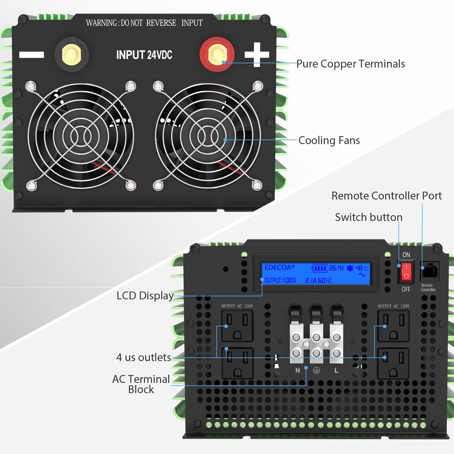 EDECOA 3500 Watt 24V Pure Sine Wave Power Inverter DC 24V to 120V 110V AC with LCD AC Terminal Block (3500W/24V V3.1 ( ET-RC Remote))