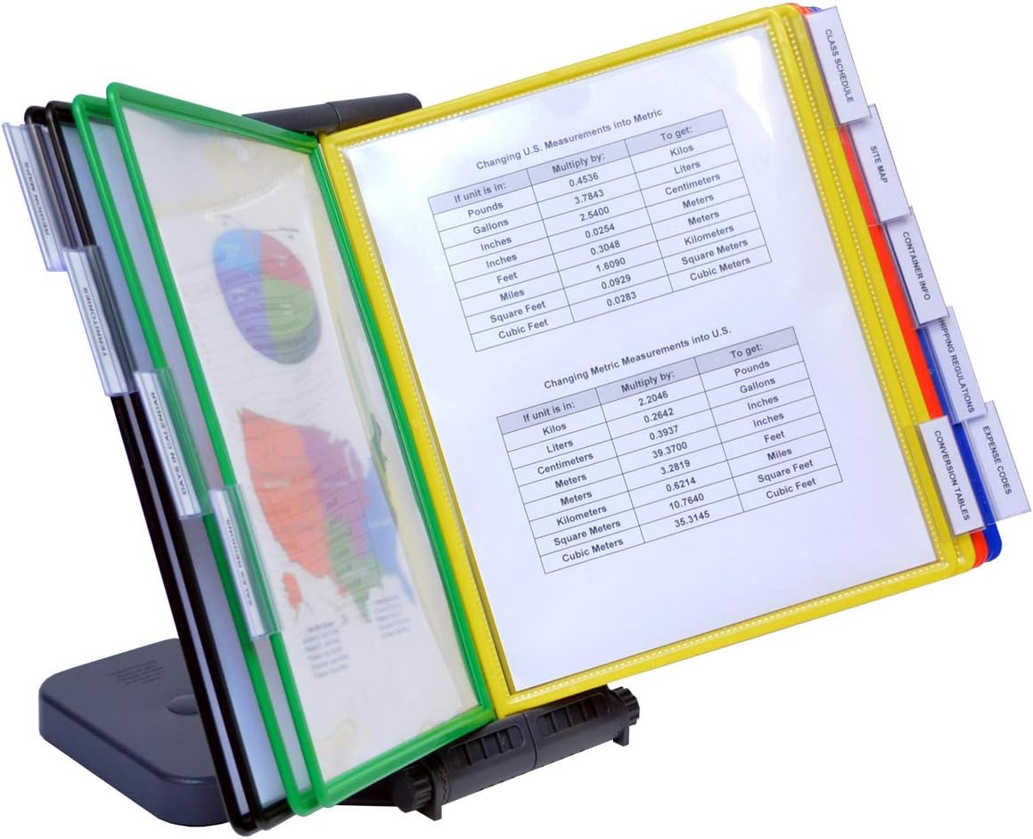 Ultimate Office AdjustaView 10-Pocket Desk Reference Organizer with Easy-Load Pockets and Compact Weighted Base for Maximum Stability (Colored Pockets) Pack of 2