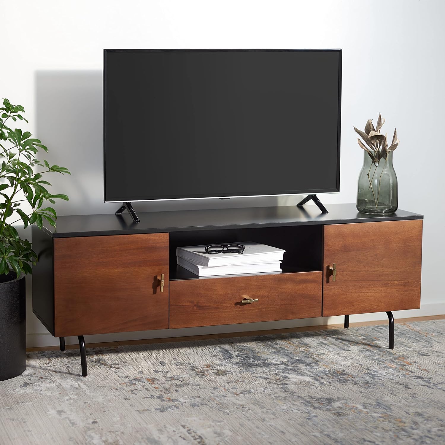 Safavieh Black/Walnut Home Collection Genevieve Media Stand (up to 60-inch Flat Screen TV), 54