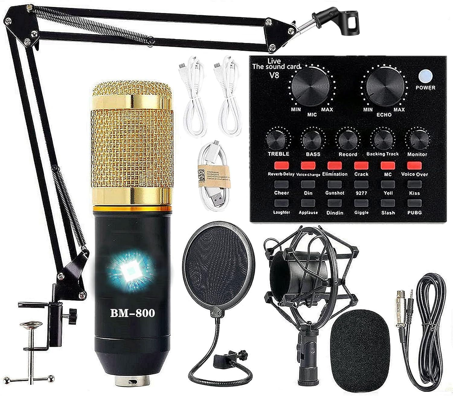 Podcast Equipment Bundle, BM-800 Recording Studio Package with Voice Changer, Live Sound Card - Audio Interface for Laptop Computer Vlog Living Broadcast Live Streaming YouTube TikTok (AM100-V8) Pack of 2