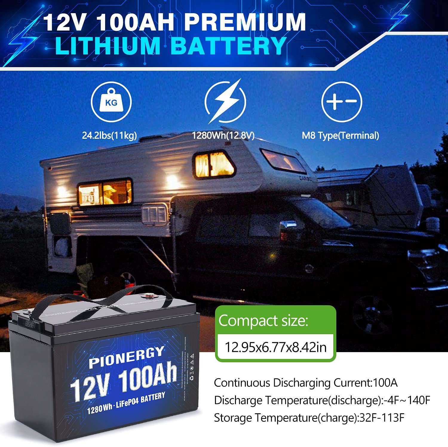 PIONERGY LiFePO4 Battery,12V 100Ah Lithium Battery - Built-in 100A BMS, 4000+ Cycles 12v Battery for RV, Solar Power,Marine and Home Energy Storage Low Self-Discharge and Light Weight