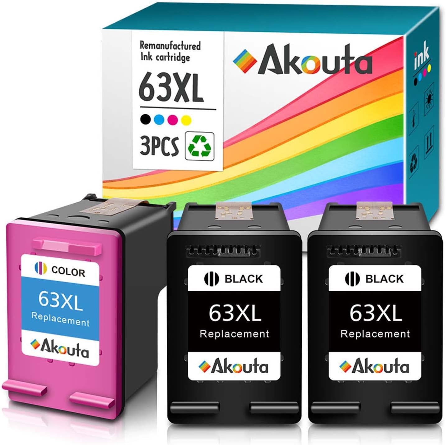 Akouta Remanufactured Ink Cartridge 63 Replacement for HP 63XL 63 XL Envy 4520 4512 4513 4516 OfficeJet 3830 5255 5258 DeskJet 1112 1110 3630 3632 3634 2130 2132 Printer (2 Black 1 Tri-Color) Pack of 2