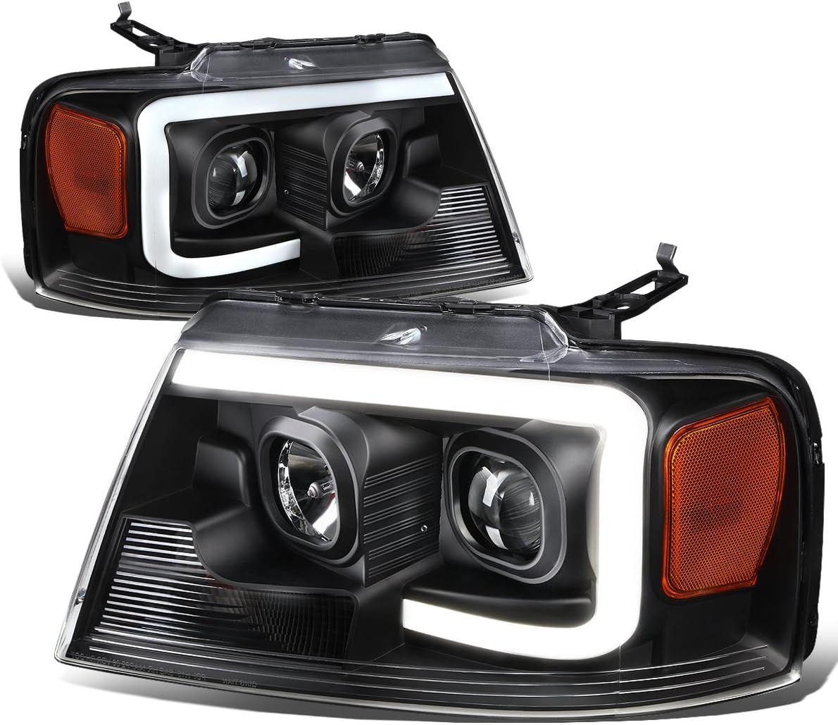3D LED DRL Projector Headlights Assembly Compatible with Ford F150 Lincoln Mark LT 04-08, Driver and Passenger Side, Black Housing Amber Corner