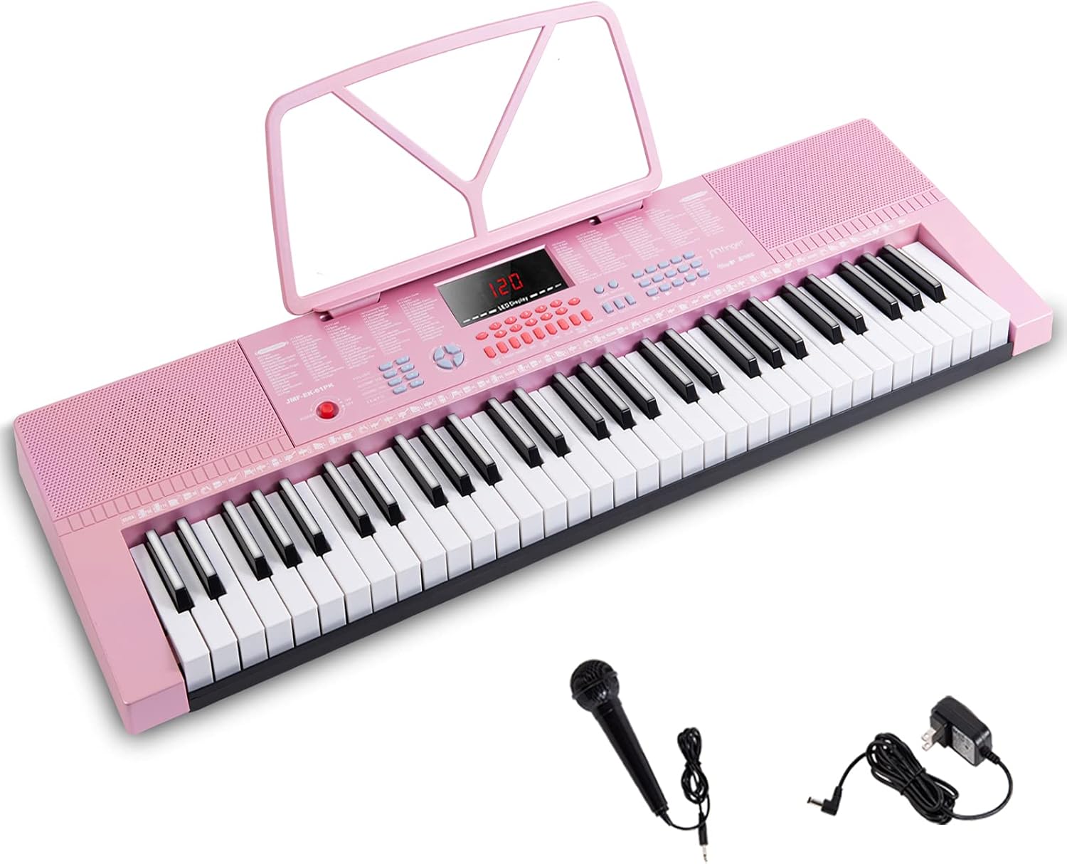 JMFinger 61 Electronic Portable Digital Piano Keyboard for Beginners Kids with Full-Size Keys, LED Display, Microphone, Music Stand, (Pink)