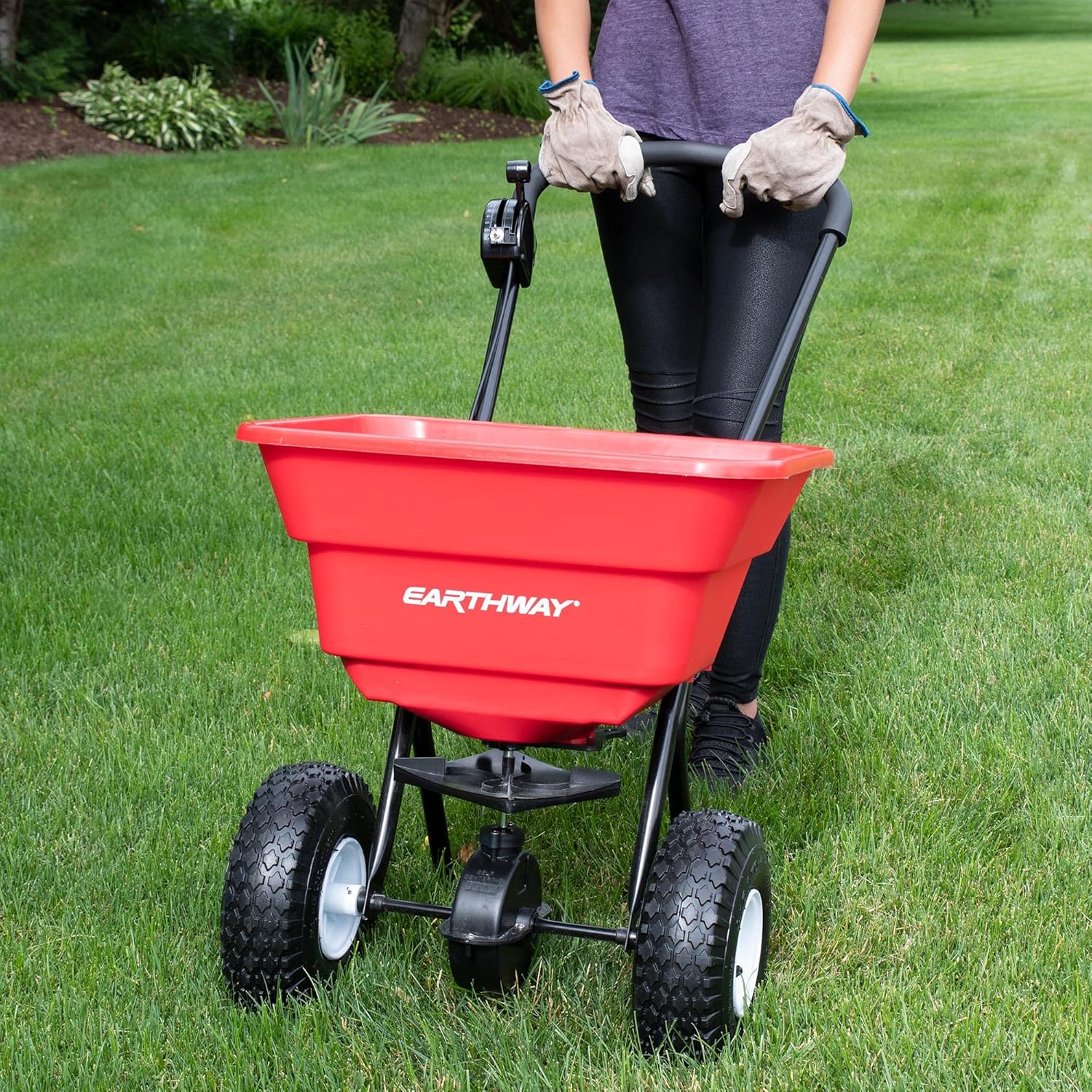 EarthWay 2050P Deluxe 80 LBS Heavy-Duty Walk Behind Commercial Broadcast Spreader with Pneumatic Tires, Even Spread, Built-in Side Spread Control and Pre-Assembled