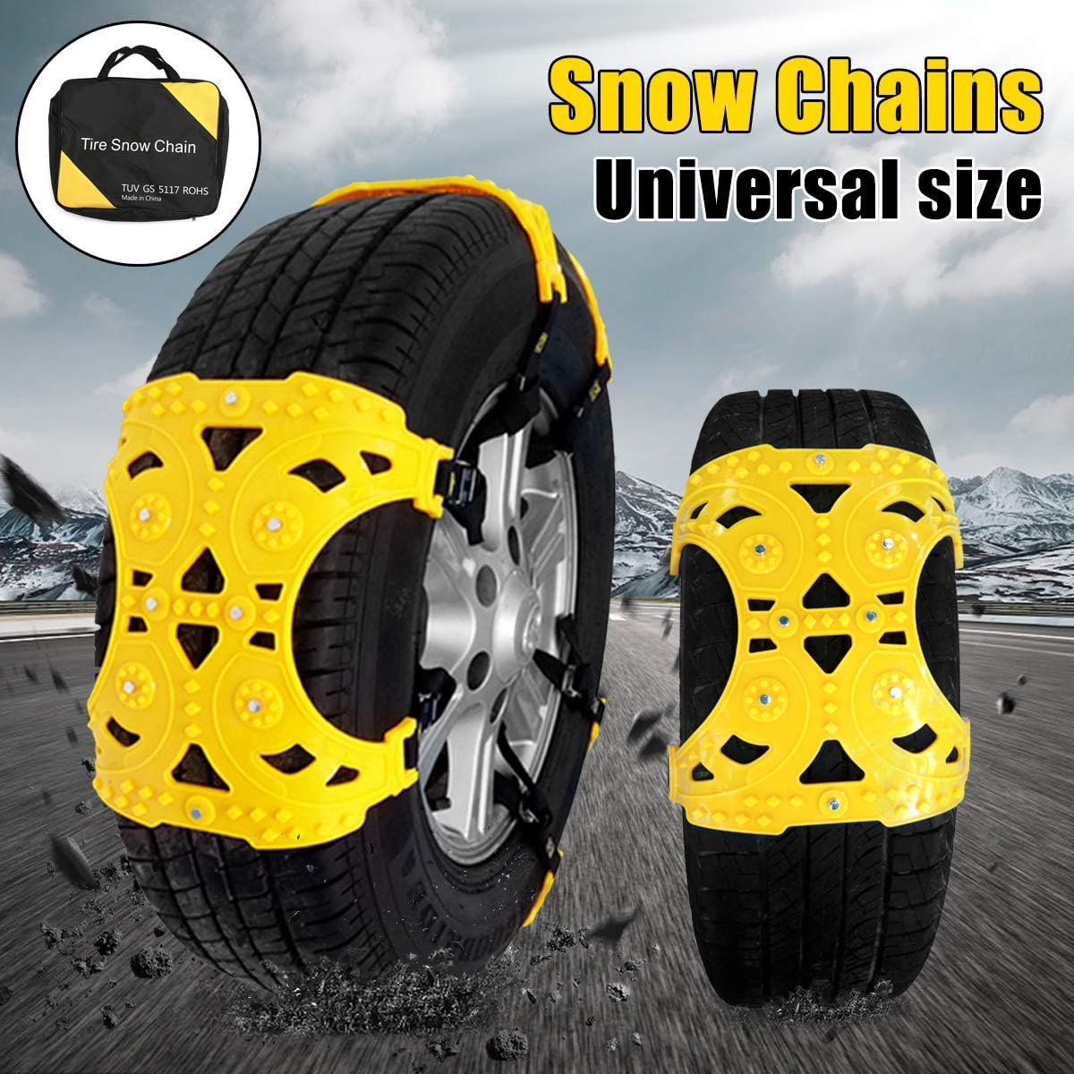 Jeremywell Universal Tire Security Snow Chains - Premium Quality Strong Durable All Season Anti-Skid Car, SUV, and Pick Up Patterned Tire Chains for Emergencies and Road Trip Pack of 6 Pack of 2