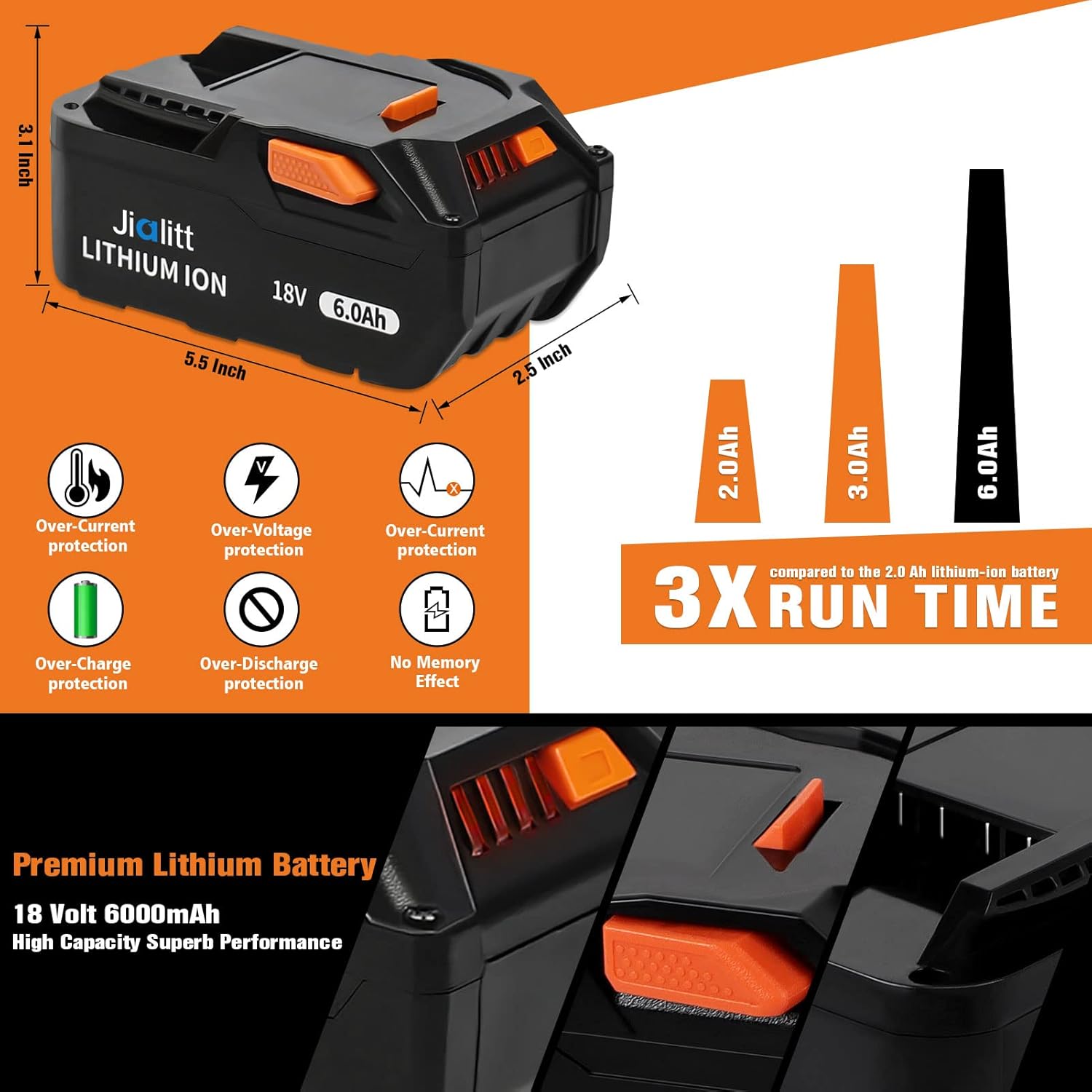 Jialitt 18V 6.0Ah Lithium Ion Replacement Battery for RIDGID 18V Drill R840087 R840083 R840086 AC840085(2Pack) Pack of 2