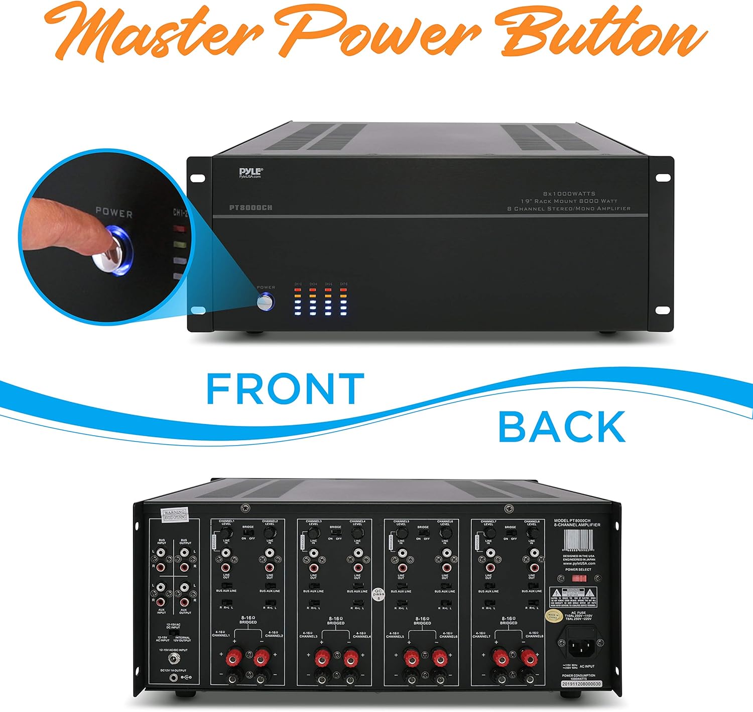 4 Multi-Zone Stereo Amplifier - 19” Rack Mount, Powerful 8000 Watts with Speaker Selector Volume Control & LED Audio Level Display - 4-Ch. Bridgeable Switches - Pyle PT8000CH