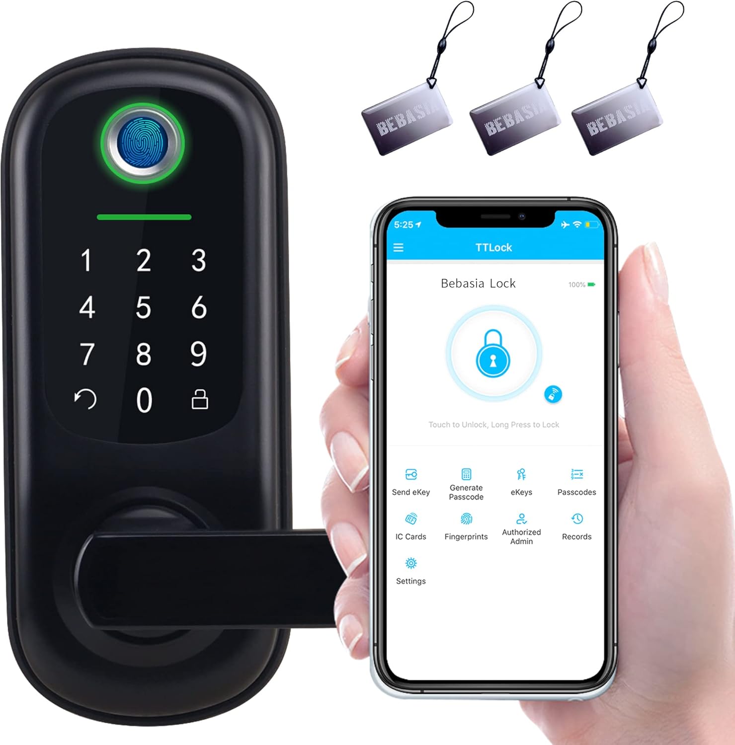Fingerprint Door Lock, Full APP Control Keyless Entry Door Lock, Digital Kepad Door Lock, Bluetooth Smart Door Level Lock with Reversible Handle (Black)