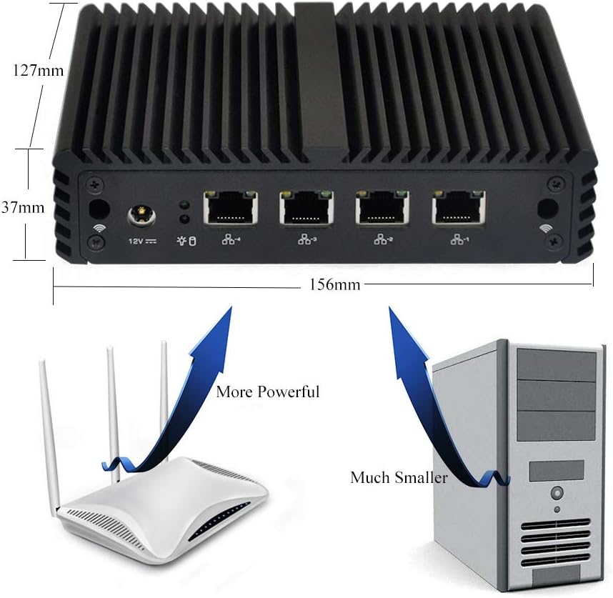 Quad core Tiny Computer with 4 LAN Ports, VGA, 4 USB, 8GB RAM 128GB SSD, Mini PC Advanced Router/Firewall